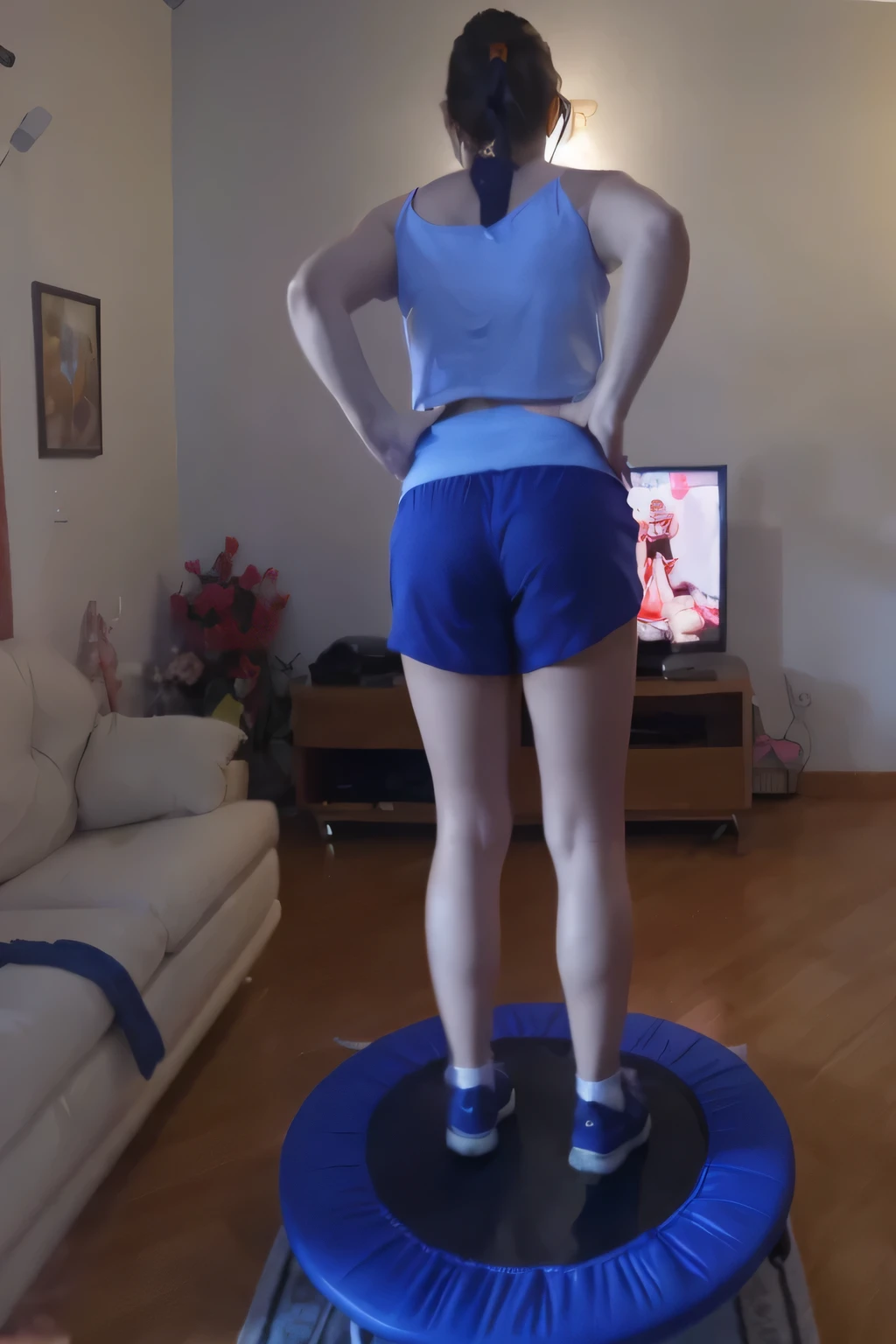 woman standing with her back on a trampoline in a living room with a sofa, jumping, dancing woman, in action pose, triumphant pose, full figure close-up. Wearing blue shorts and a blue top. Slim body, slim waist. Her body exudes glamor and her face is the definition of beauty. Test, highly realistic, reddish skin, beautiful, slightly full lips, red lipstick, feeling of lightness and joy, hyper-realism, very elaborate skin, direct look. Full body photo, clear and high quality photo. Beautiful woman, extremely sexy, very sensual. Masterpiece: 1.3, high resolution, (photographically realistic), 8k, NUDE, NUDITY, NFSW.