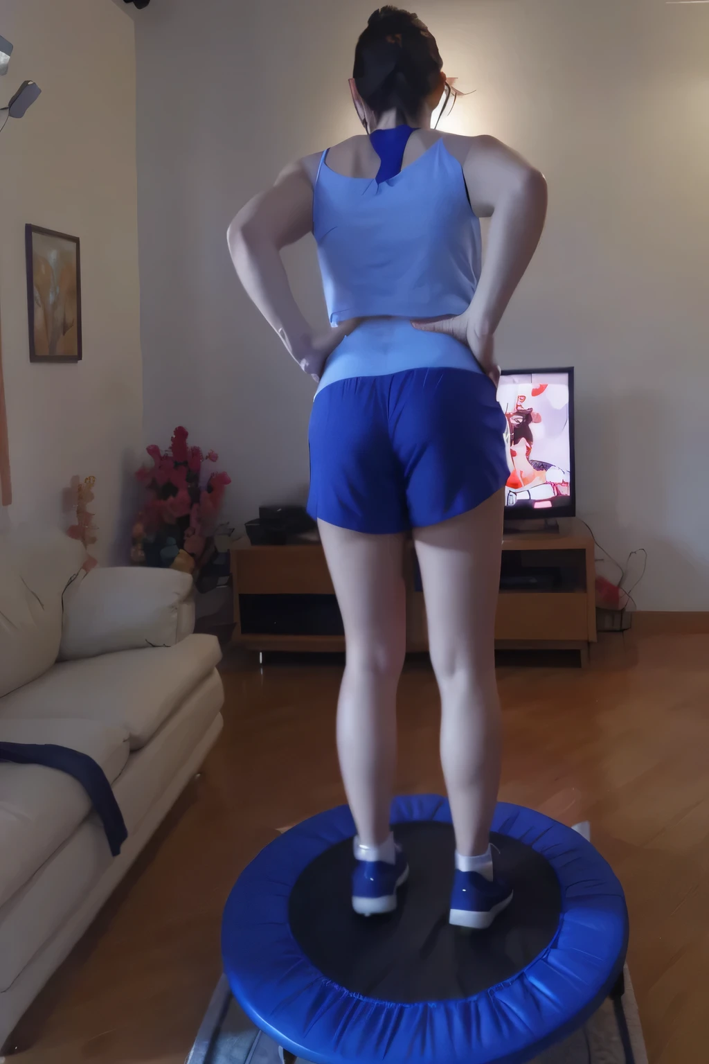 woman standing with her back on a trampoline in a living room with a sofa, jumping, dancing woman, in action pose, triumphant pose, full figure close-up. Wearing blue shorts and a blue top. Slim body, slim waist. Her body exudes glamor and her face is the definition of beauty. Test, highly realistic, reddish skin, beautiful, slightly full lips, red lipstick, feeling of lightness and joy, hyper-realism, very elaborate skin, direct look. Full body photo, clear and high quality photo. Beautiful woman, extremely sexy, very sensual. Masterpiece: 1.3, high resolution, (photographically realistic), 8k, NUDE, NUDITY, NFSW.