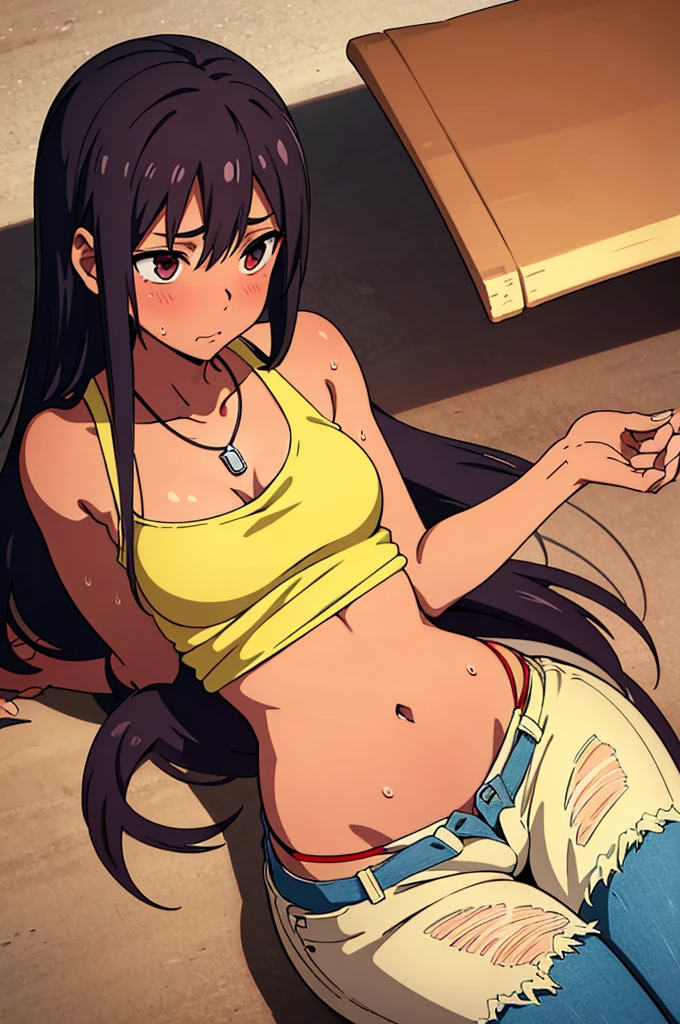 tan skinned anime woman wearing a cami top and jeans, famished in hunger, (necklace), (gently resting hands on stomach), (sweating), (lying down), (long hair), (hands on stomach)