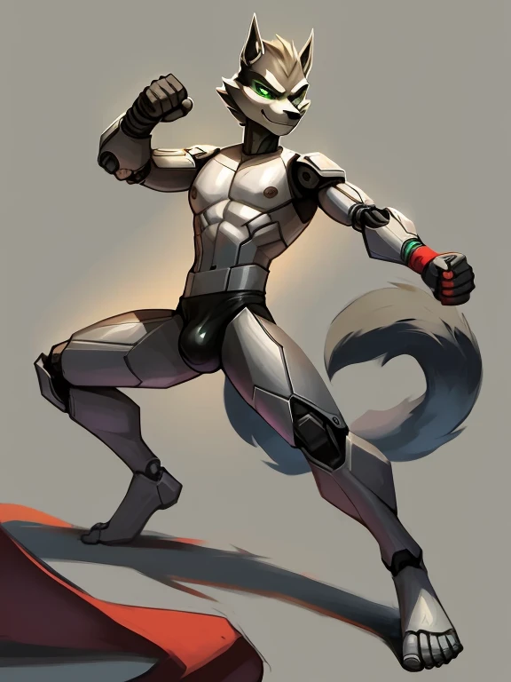 Male, robot Gray wolf, detailed green eyes, long tail, big nipples, slim, sly, simple background, smirk, bulge,  tail wrapping around body，((Fighting Stance))，((a robot wolf showing his sexy beautiful legs and feet))，(split)，kick