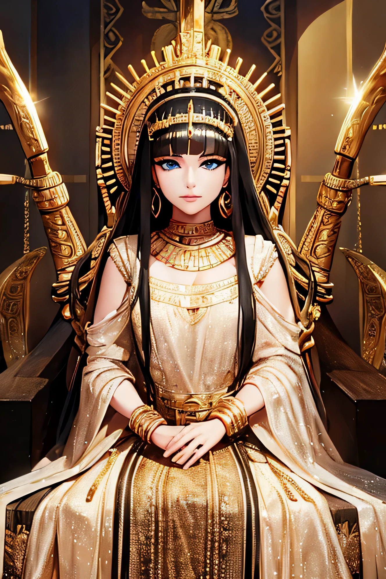 masterpiece, ultra detailed, highres, 8k, photorealistic, HDR, RAW photo, Bokeh, detailed shadows, dim light, best quality, beautiful, aesthetic, perfect eyes, perfect face, detailed eyes, anatomically correct:1.4, cleopatra, egyptian queen, queen, short black hair, black eyes, beautiful woman, pharaoh, sitting on throne, throne, gold, golden accessories, snake, cobra, sand, makeup, focus eyes, perfect eyes, eyes to drown in, eyes like the universe
