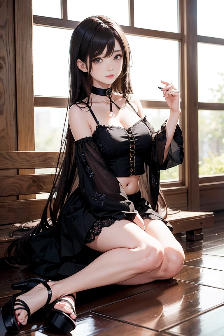 Dark brown hair、Light brown eyes、The Face of Japan、 Lady、I'Iは彼とIが好きです'I'Iは40歳くらいです.、(Intricate details:1.2)、(Which is the top?????:1.4)、 (Ultra-high resolution:1.2)、Ultra-high resolution、(Finely tuned)、(Detailed facial features)、8k resolution、D cup size breasts、Long Hair、masterpiece,highest quality、Street、choker、Tulle miniskirt、Heeled Sandals、Beautiful legs、Crop top、
