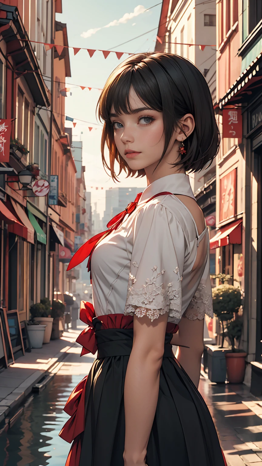 One girl,前hair,black_hair,green_null,bridge,building,city,city,cityscape,cloud,Day,dress,Looking_in_Audience,Outdoor,red_Neckwear,red_ribbon,ribbon,river,short_hair,short_sleeve,null,nullscraper,一人in,Are standing,town,winer,(masterpiece,anime,newest,new,Exceptional:1.2),