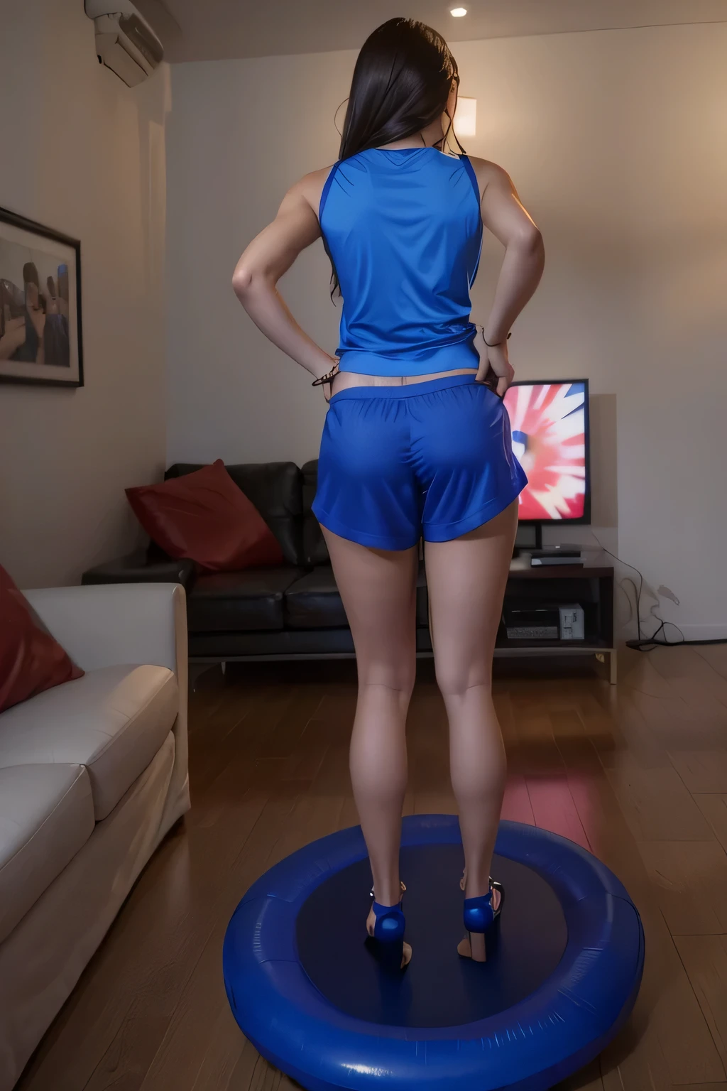 woman standing with her back on a trampoline in a living room with a sofa, jumping, dancing woman, in action pose, triumphant pose, full figure close-up. Wearing blue shorts and a blue top. Slim body, slim waist. Her body exudes glamor and her face is the definition of beauty. Test, highly realistic, reddish skin, beautiful, slightly full lips, red lipstick, feeling of lightness and joy, hyper-realism, very elaborate skin, direct look. Full body photo, clear and high quality photo. Beautiful woman, extremely sexy, very sensual. Masterpiece: 1.3, high resolution, (photographically realistic), 8k, NUDE, NUDITY, NFSW.