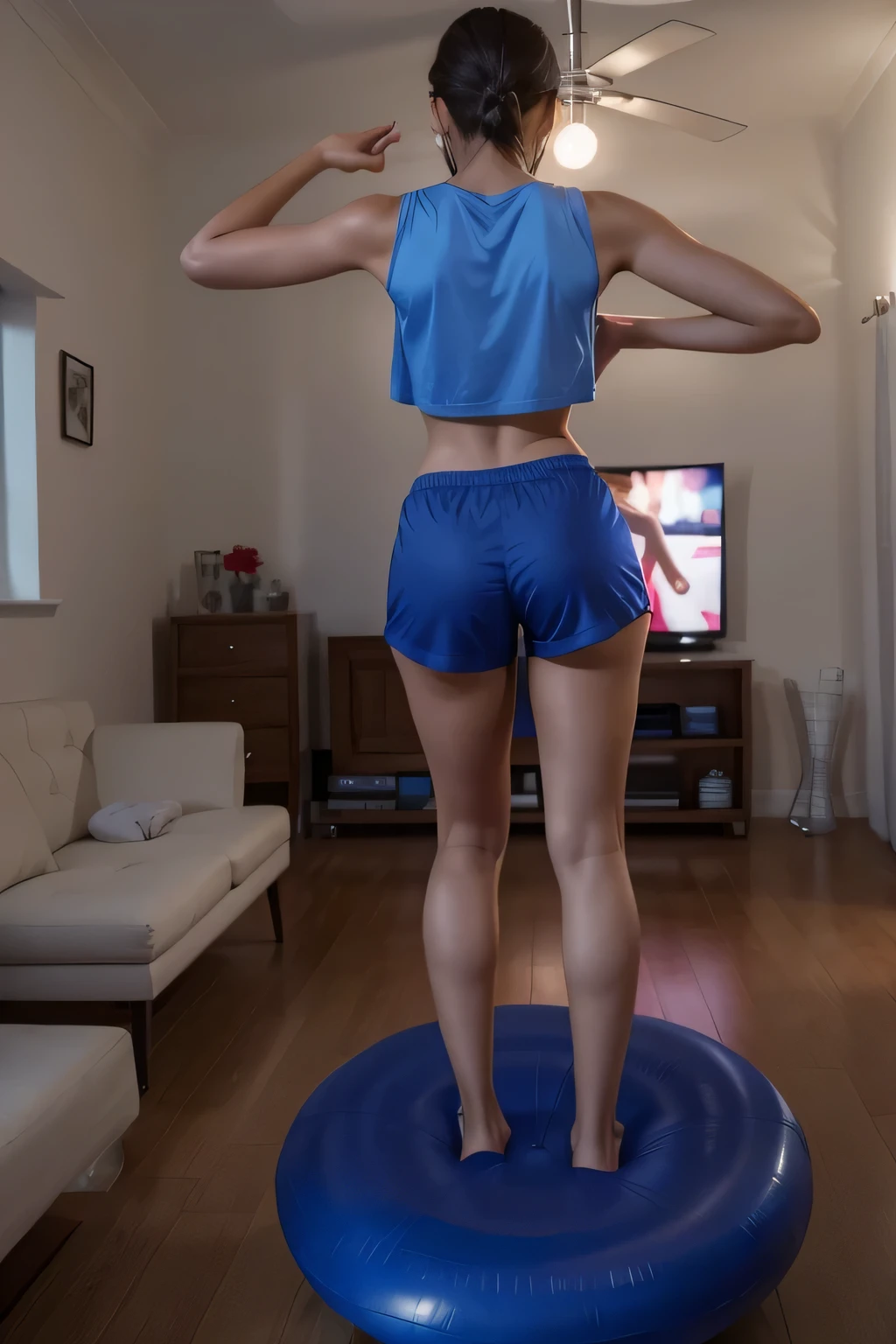 woman standing with her back on a trampoline in a living room with a sofa, jumping, dancing woman, in action pose, triumphant pose, full figure close-up. Wearing blue shorts and a blue top. Slim body, slim waist. Her body exudes glamor and her face is the definition of beauty. Test, highly realistic, reddish skin, beautiful, slightly full lips, red lipstick, feeling of lightness and joy, hyper-realism, very elaborate skin, direct look. Full body photo, clear and high quality photo. Beautiful woman, extremely sexy, very sensual. Masterpiece: 1.3, high resolution, (photographically realistic), 8k, NUDE, NUDITY, NFSW.
