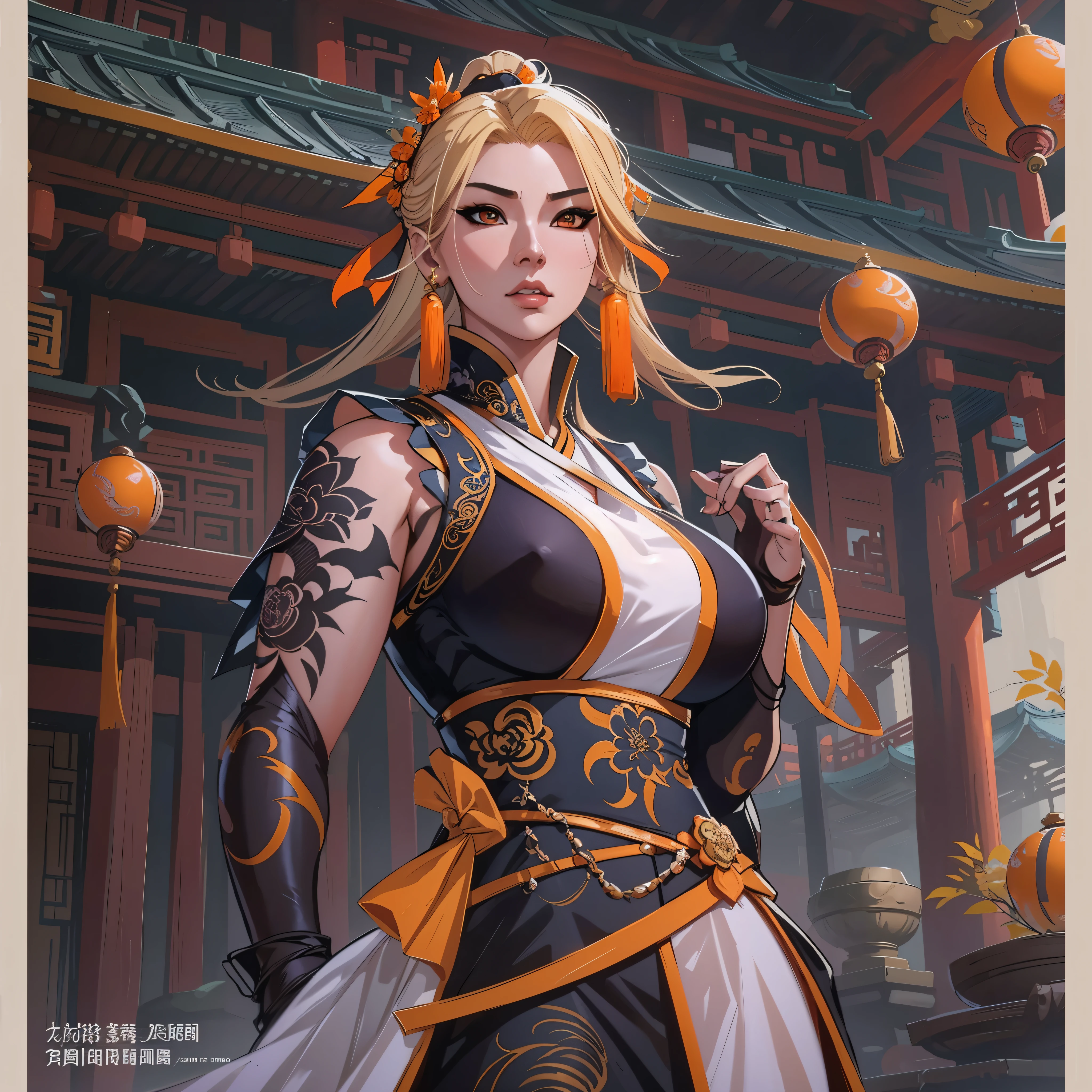 a close up of a strong amazon woman in her 30's, with orange eyes and blonde hair, wearing a black and orange ball gown dress, a heroine with orange eyes, martial artist holding polearm, standing in a chinese temple, new costume concept design, in the style of blade and soul, full body character concept, detailed character design, inspired by Yang Jin, inspired by Li Mei-Shu, chinese costume, inspired by Lan Ying, inspired by Sim Sa-Jeong, inspired by Li Tang, lunar themed attire, costume with orange accents, inspired by Ju Lian, colored concept art, highly detailed character design, highly detailed face, inspired by Ai Xuan, very highly detailed face, unreal engine render, final fantasy 14 style, inspired by Leng Mei