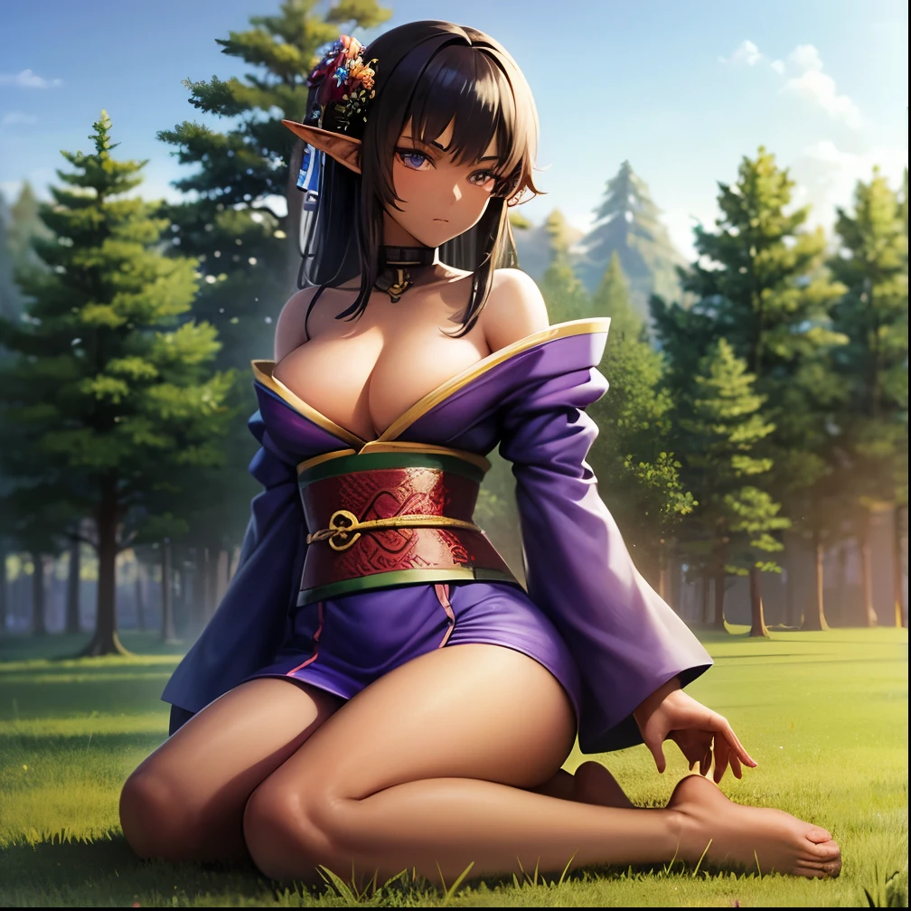 1girl, elf, solo, older woman, samurai, fit, dark skin, dark green hair, purple eyes, green kimono, stoic facial expression, full body view, open field