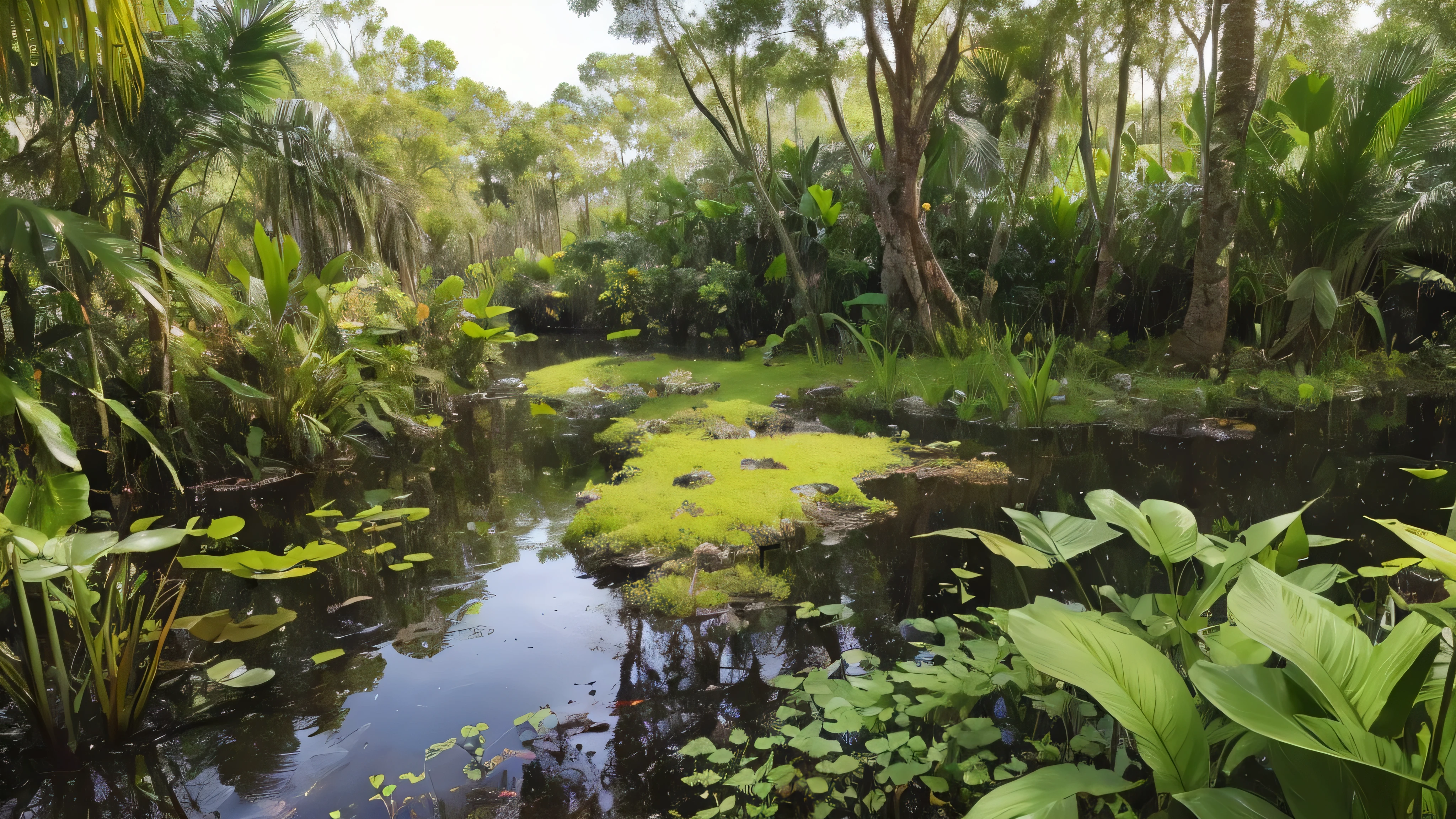 Swamp landscape with exotic plants with peat moss in the middle, good lighting, 15mm camera lens, wide angle lens, best quality, masterpiece