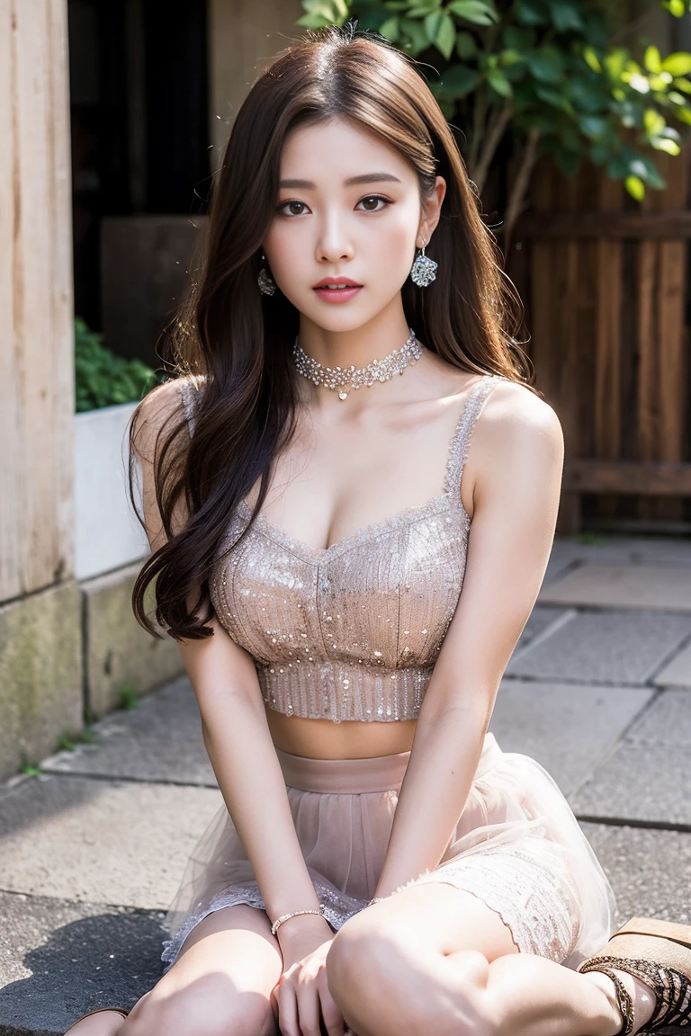 Dark brown hair、Light brown eyes、The Face of Japan、 Lady、I'Iは彼とIが好きです'I'Iは40歳くらいです.、(Intricate details:1.2)、(Which is the top?????:1.4)、 (Ultra-high resolution:1.2)、Ultra-high resolution、(Finely tuned)、(Detailed facial features)、8k resolution、D cup size breasts、Long Hair、masterpiece,highest quality、Street、choker、Tulle miniskirt、Heeled Sandals、Beautiful legs、Crop top、