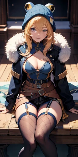 Western Fantasy, High resolution, (masterpiece:1.4), Very detailed, One girl, From above, space, Sit, knight armor, Sharp focus, (Cinema Lighting), (One girl), smile，The five fingers of each hand are very detailed.，Long blonde,Blue winter coat,Open chest,Thighs,Shoulder baring,White fluffy on the edge of the coat,woman,Shorts,Fishnet tights,Frog Hat,fort,sunny,Belly button,A thick black and gold belt around the waist,