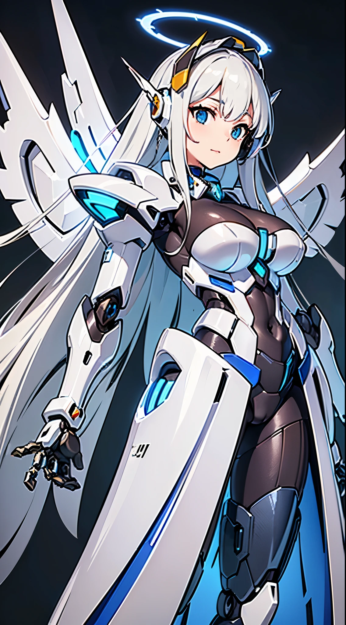 ((Lenses shining on both breasts:1.3))、((A blue pillar of light shines from both of his chests..:1.3))、(Dynamic pose:1.3)、smile、((8k)), ((32k)), ((highest quality)), ((masterpiece)), ((超A high resolution)), ((Tmasterpiece)), ((halo:1.4))、((Mechaニカルheadgear:1.2))、((Cyber Headphones:1.3))Fine skin, High quality fabric, Fine metal texture、((Beautiful and dense face))、RAW Photos、Professional, Ultra-fine painting, ((alone)), Beautiful breasts、highest quality, Very detailed, Very detailed詳細, Finer details, so beautiful, ((Princess Knight Robot:1.2)), (Joint of the machine, Mechanical Limbs:1.3), (The internal structure of the machine is exposed:1.3), (Long silver hair:1.1), (Beautiful and huge mechanical breasts)、White Veil, cowboy_shot, Side Focus, headgear, Shiny、(Five Fingers, Four fingers and thumb),Concept Art, Anime fantasy artwork, Detailed fantasy art, (with pale blue-violet hair and large white wings,,,,,,), (((Long silver hair))), (Mecha:1.6)、Sleek and intimidating design, ((Commander in Chief's Arms)), (Perfect robot body)、Pure white and blue-purple 腕or, symmetrical wings, 8k high quality detailed art, 3D rendering of character art in 8K, neat legs, Defined, Defined fingers,((headshot:1.3))