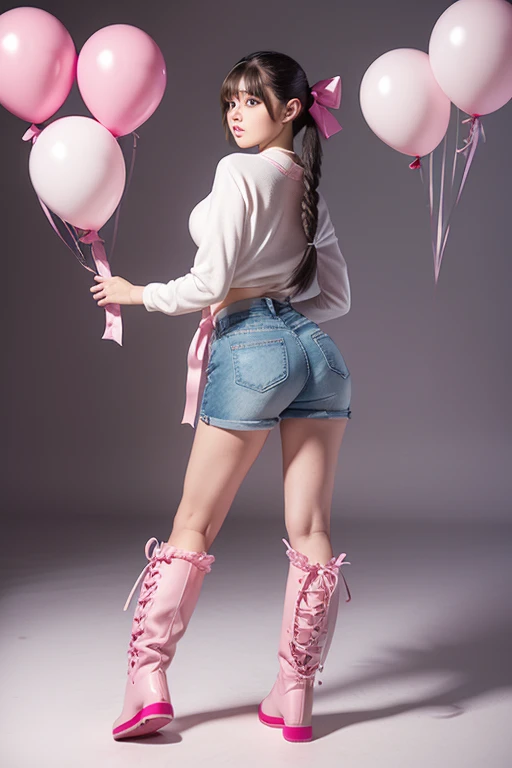 (holding ballons), (((full body))), real photo,  girl, Brat female , (((drawers))), ((looking back at me)), twin tails, big ribbon, pink boots,