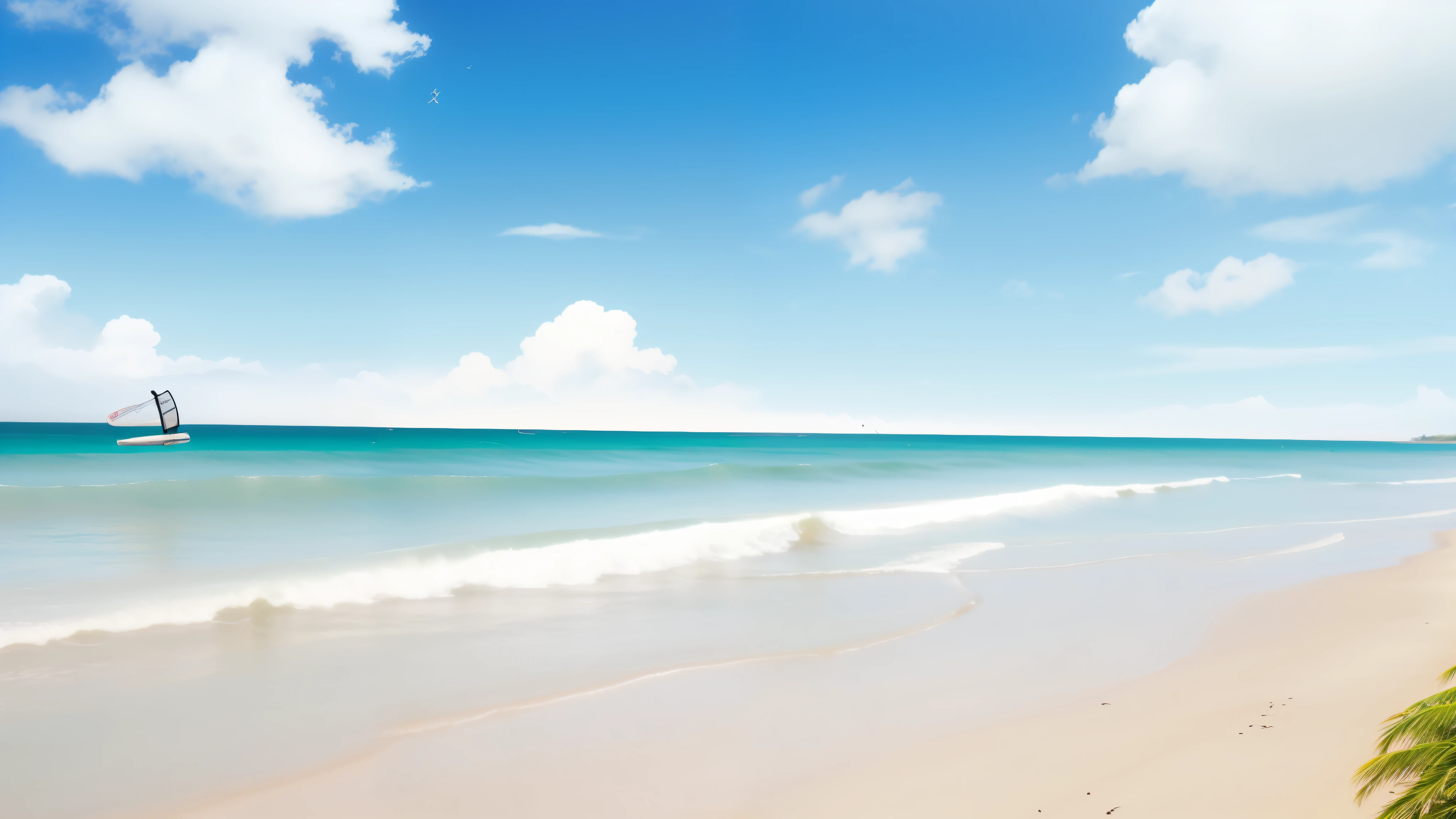 there is a picture of a beach with a surfboard on it, beach background, beach landscape, sunny day at beach, beautiful beach, detailed scenery —width 672, calm sea and beach background, mediterranean beach background, azure ocean, beautiful ocean, wallpaper - 1 0 2 4, white sandy beach, seashore, beach, beautiful high resolution, ocean