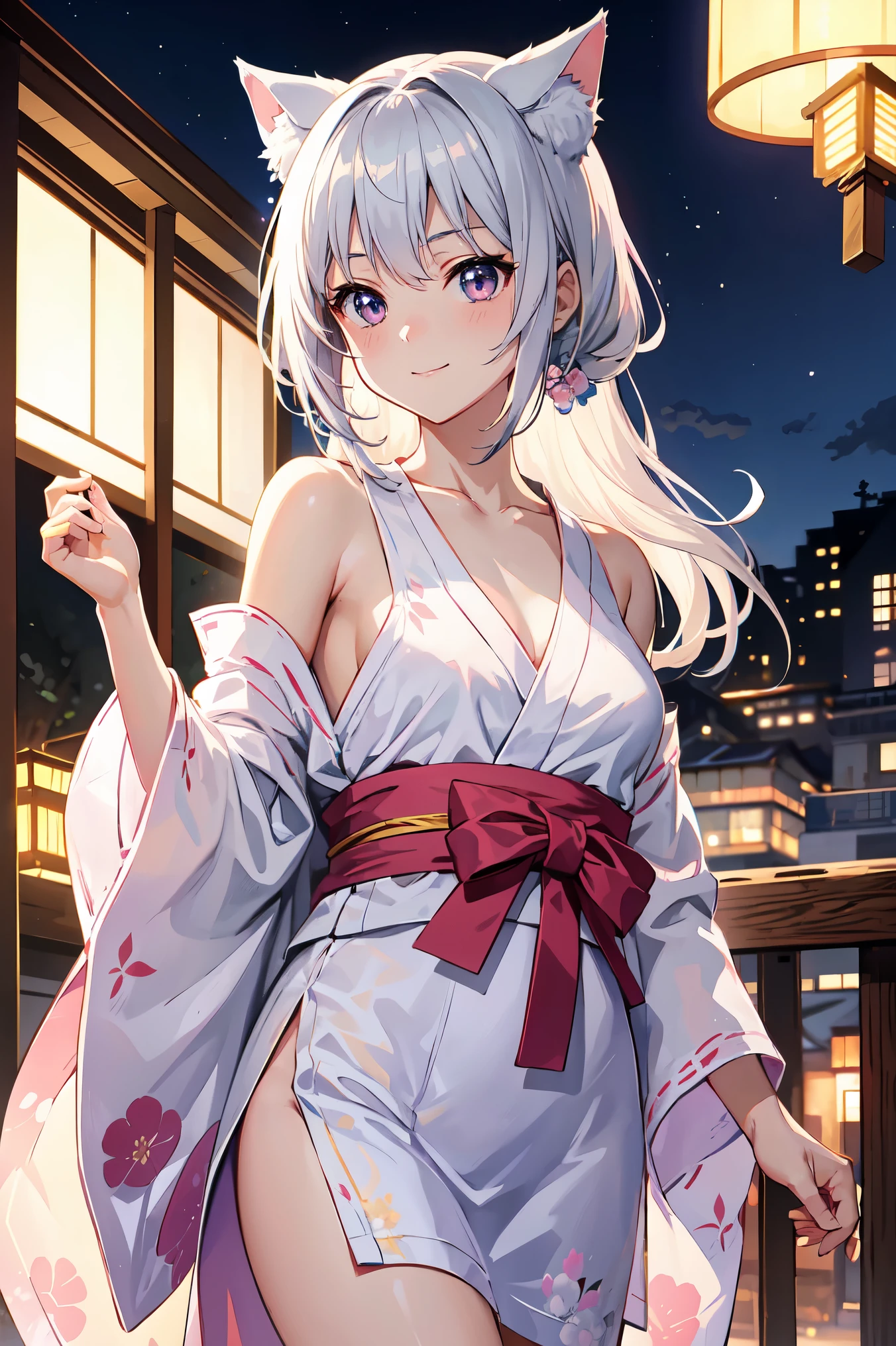 masterpiece, Highest quality anime illustrations, Super detailed,ultra high resolution、perfect lighting single girls, alone, silver-haired beautiful girl, anime changes, Cat ear , Light pink see-through yukata, Short Yukata, No sleeve, smile, bare skin armpit chest, focus on chest, hot spring