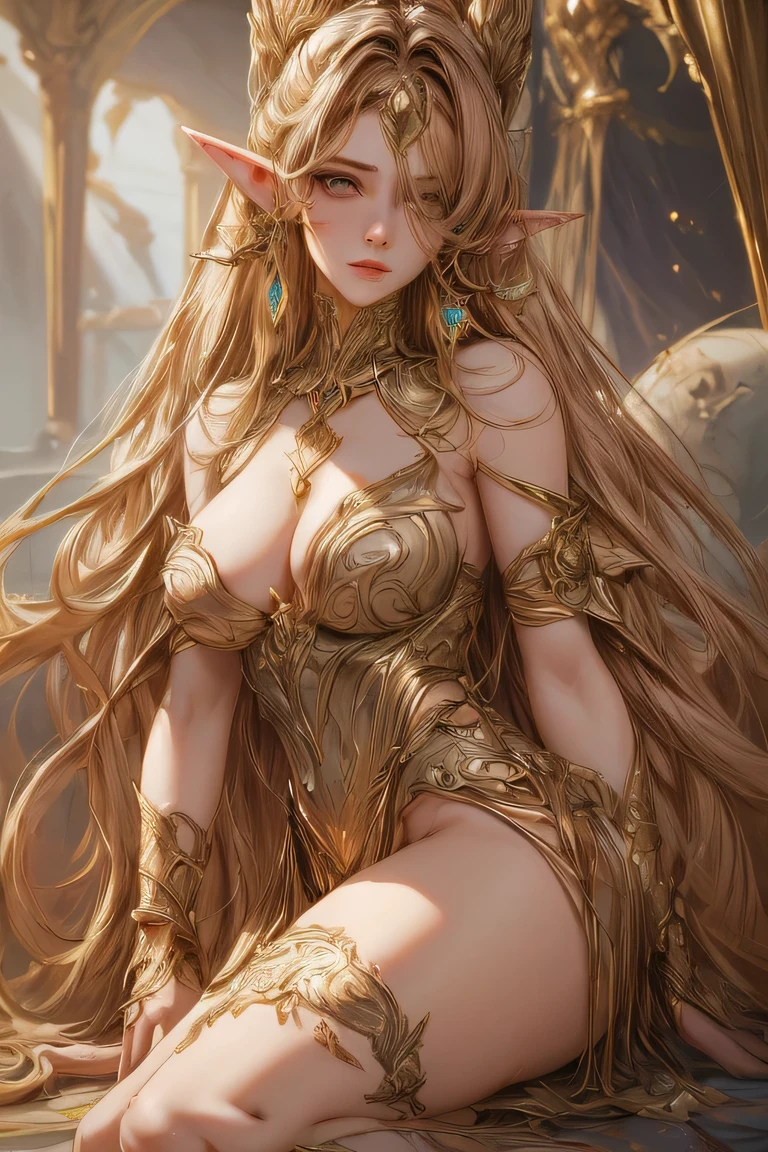 digital painting,polished gold,fabulous,hilarious fantasy,outer space underground city,1 elf girl,(long ears,more skin),curvy,,(hairstyle is twin-tail),beautiful breasts,pale skin,pointy chest,erect nipple extraction technique,best high quality,. Hyperrealist Portrait,(8K),Ultra High Realistic, Best Quality, High Quality, High Freshness, High Quality Texture, High Detail, Beautifully Detailed MILF, Fine Detail, Highly Detailed CG, Detailed Texture, Facial Realism, Masterpiece, Realism sense,dynamic,bold boobs),bobbed hair-,(ultra thin hair),(ultra soft hair),(ultra straight hair:1.5),swept long bangs,very light coppery amber hair,hair over one eye