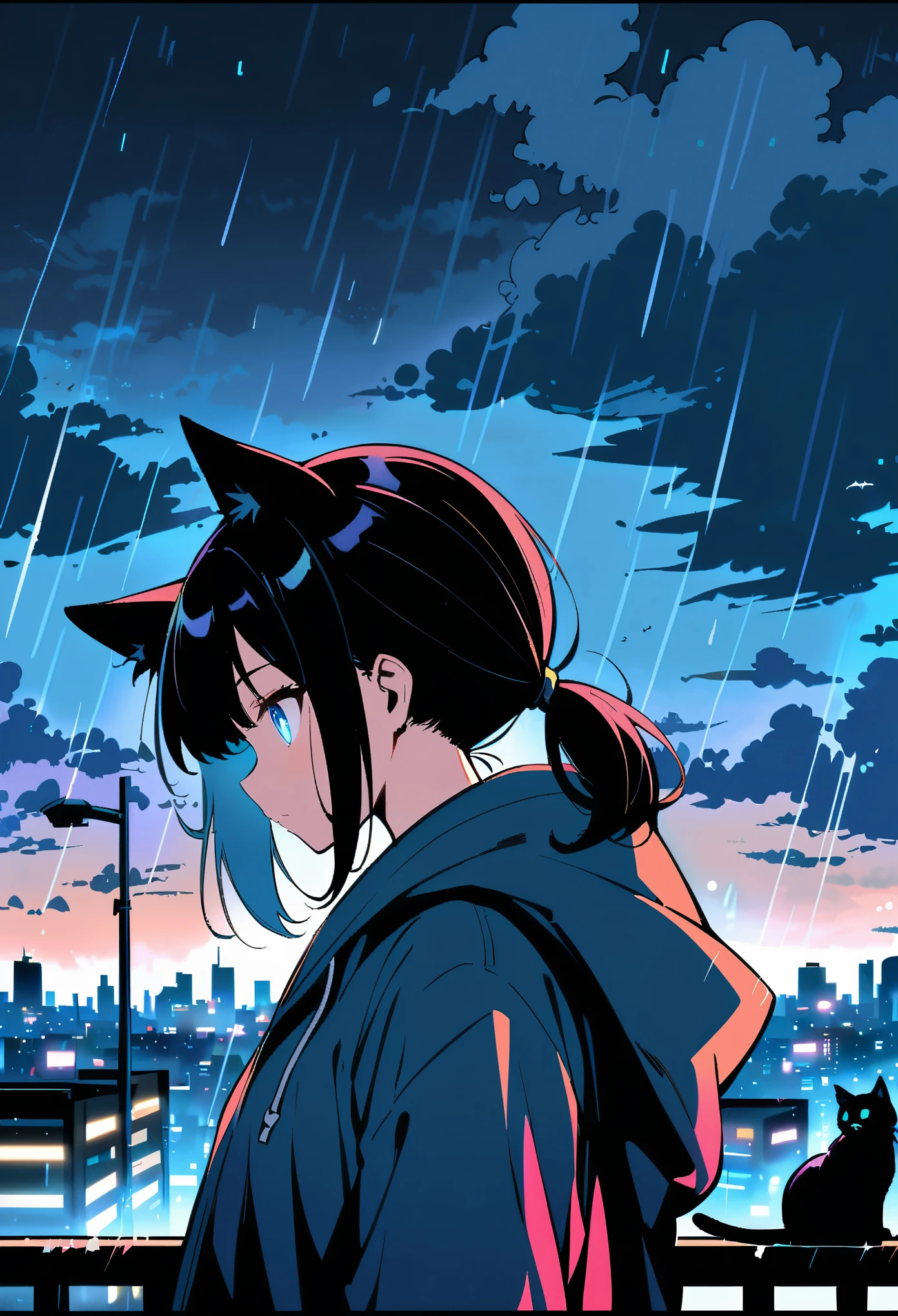 anime cat girl touching giant blue eye black cat with glowing eyes in the style of a rooftop view at night cityscape, 1girl, solo, blue eyes, black hair, long sleeves, upper body, ponytail, outdoors, sky, cloud, hood, looking at another, from side, hoodie, profile, night, glowing, animal, cat, hood down, cloudy sky, building, low ponytail, rain, city, cityscape, black cat, lamppost, whiskers