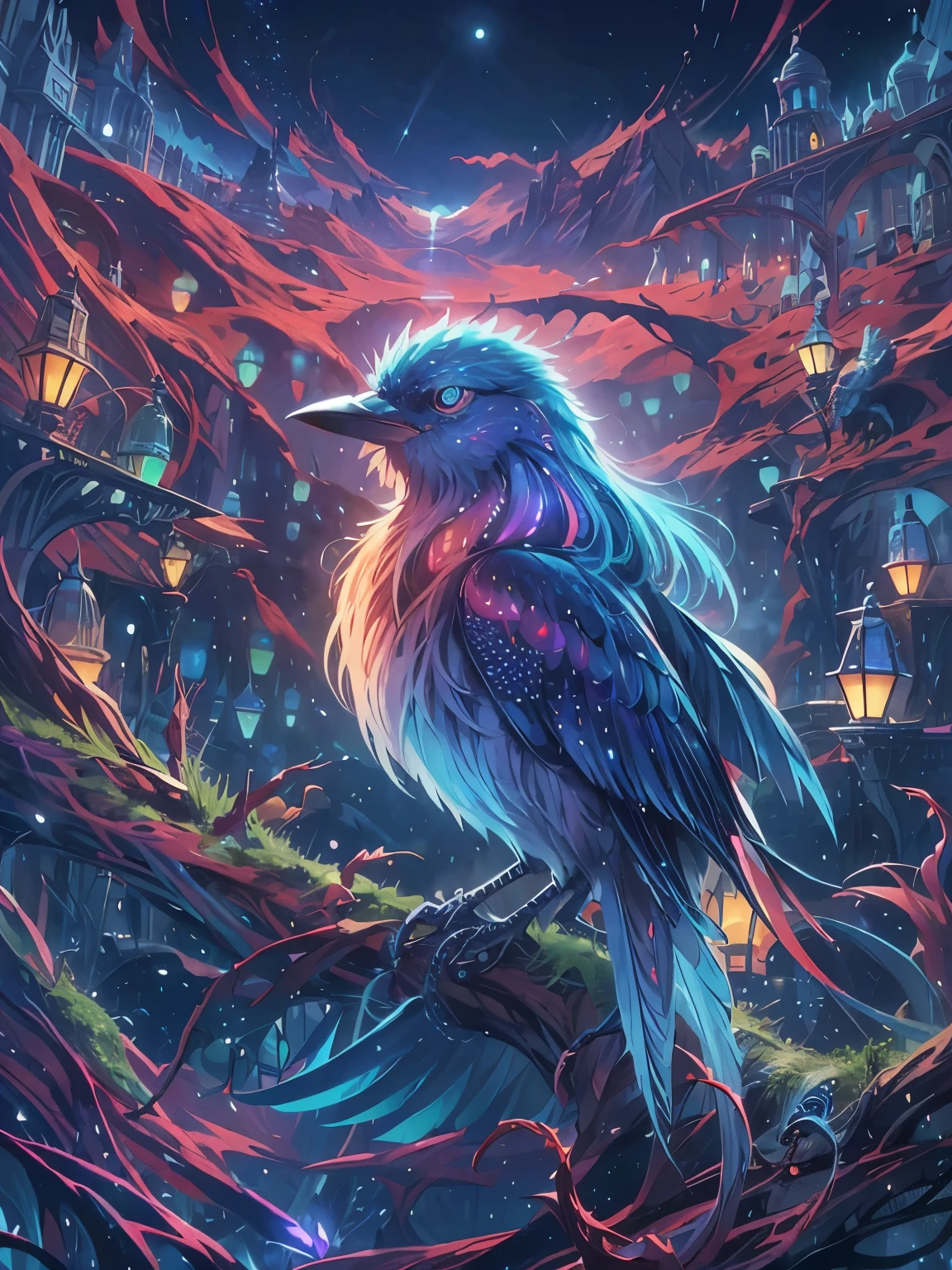 (high-res, vivid colors), blue bird alien, detailed feathers, sparkling eyes, alien landscape, vibrant colors, surreal atmosphere, glowing lights, otherworldly features, intricate patterns, dreamlike scenery