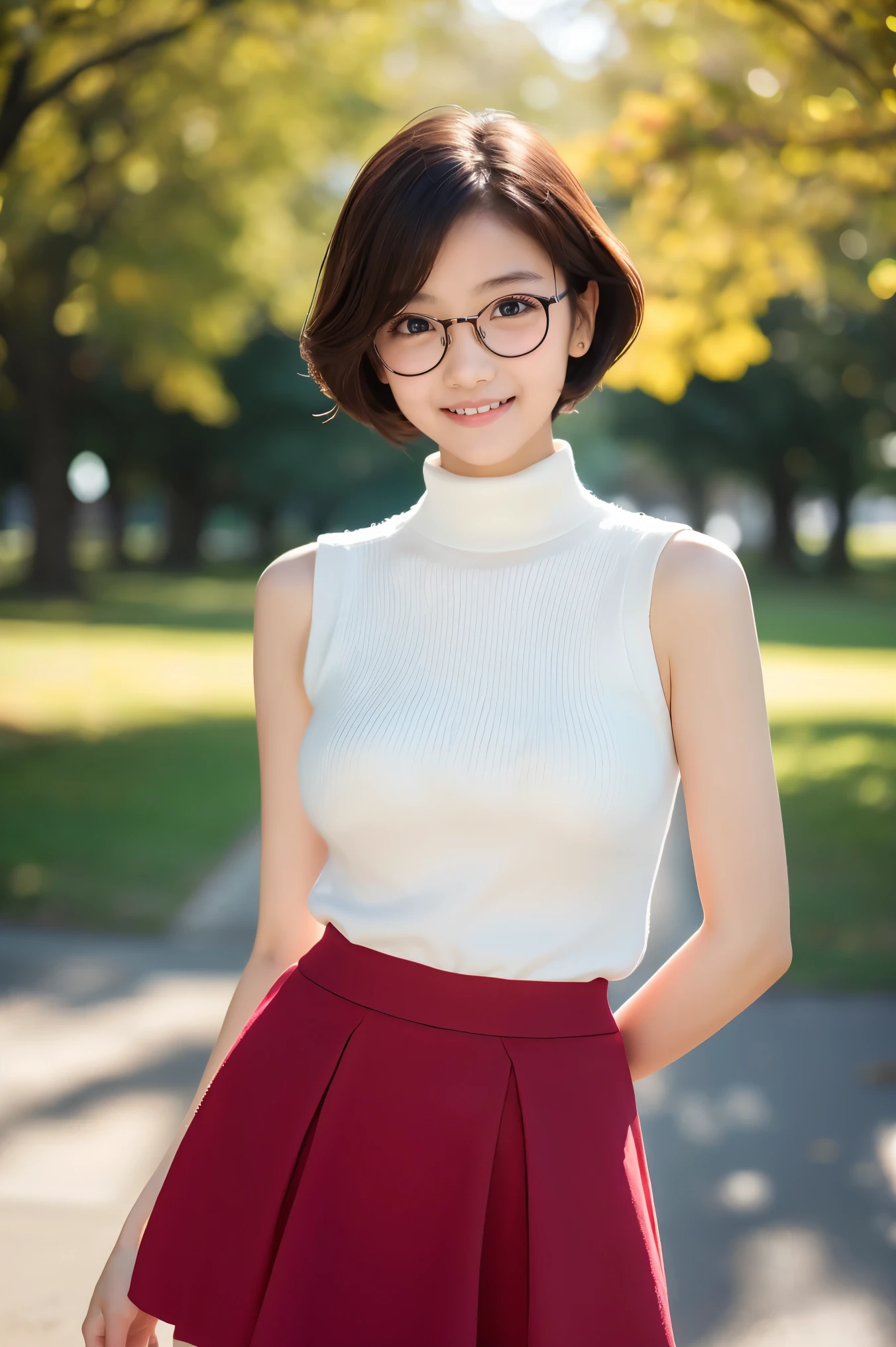 (highest quality、Tabletop、8k、Best image quality、Award-winning works)、One beautiful woman、Age 25、(alone:1.1)、Perfect beautiful composition、(Bare arms:1.1)、(Big and ample breasts:1.1)、(Accentuate your body lines:1.1)、( Berry short cut hair:1.1)、(Perfect white turtleneck sleeveless knit sweater:1.2)、(Bare arms:1.1)、(Classy and perfect round glasses:1.2)、(Elegant red melton skirt:1.2)、(Full body photo:1.1)、look at me and smile、(Accurate city park background with strong blur:1.1)、Standing Elegantly、Droopy eyes、Natural Makeup、Ultra-high definition beauty face、Ultra HD Hair、Ultra-high resolution shining eyes、Ultra-high quality glossy lips、Accurate anatomy、(very bright and vivid:1.1)