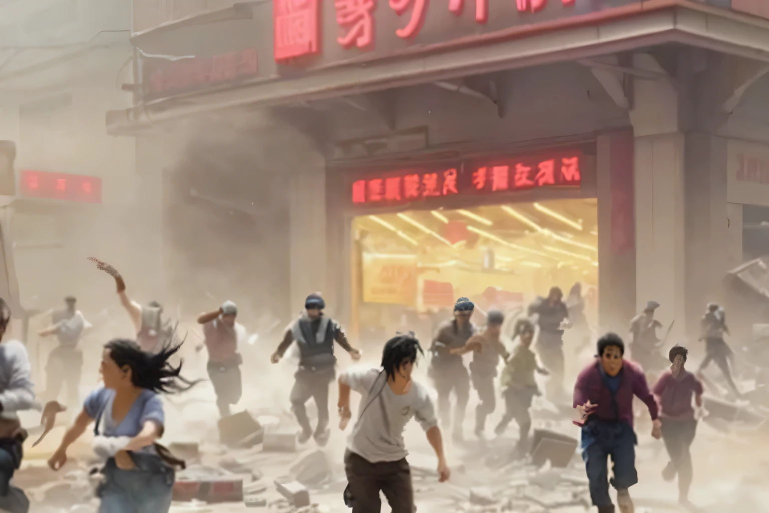 A man anxiously watching an excited girl running towards a cordoned off area, a crowd of people watching from a distance, not knowing what happened, ,in the style of the stars art group xing xing, 32k, best quality, masterpiece, super detail, high details,