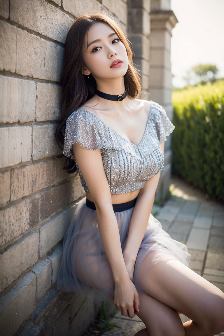 Dark brown hair、Light brown eyes、The Face of Japan、 Lady、I'Iは彼とIが好きです'I'Iは40歳くらいです.、(Intricate details:1.2)、(Which is the top?????:1.4)、 (Ultra-high resolution:1.2)、Ultra-high resolution、(Finely tuned)、(Detailed facial features)、8k resolution、D cup size breasts、Long Hair、masterpiece,highest quality、Street、choker、Voluminous tulle mini skirt、Leaning against the wall、Beautiful legs、Crop top、Landscape、