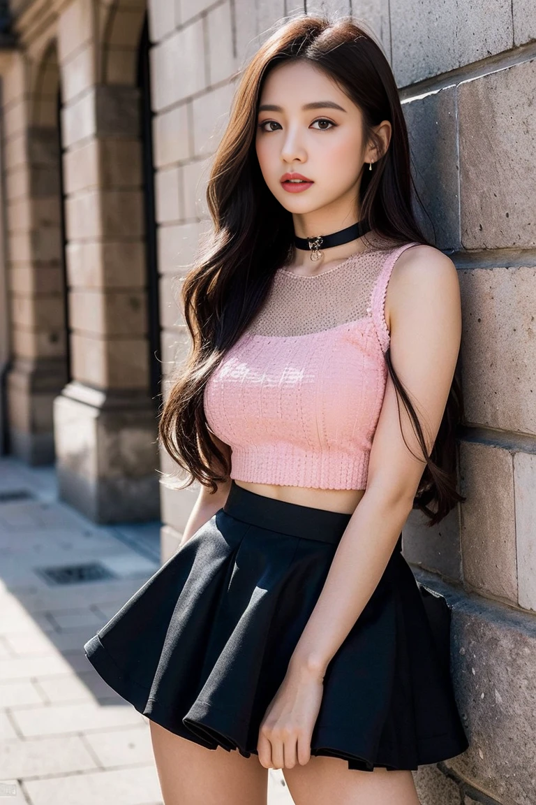 Dark brown hair、Light brown eyes、The Face of Japan、 Lady、I'Iは彼とIが好きです'I'Iは40歳くらいです.、(Intricate details:1.2)、(Which is the top?????:1.4)、 (Ultra-high resolution:1.2)、Ultra-high resolution、(Finely tuned)、(Detailed facial features)、8k resolution、D cup size breasts、Long Hair、masterpiece,highest quality、Street、choker、Voluminous tulle mini skirt、Leaning against the wall、Beautiful legs、Crop top、Black Pink Jenny's Pose、