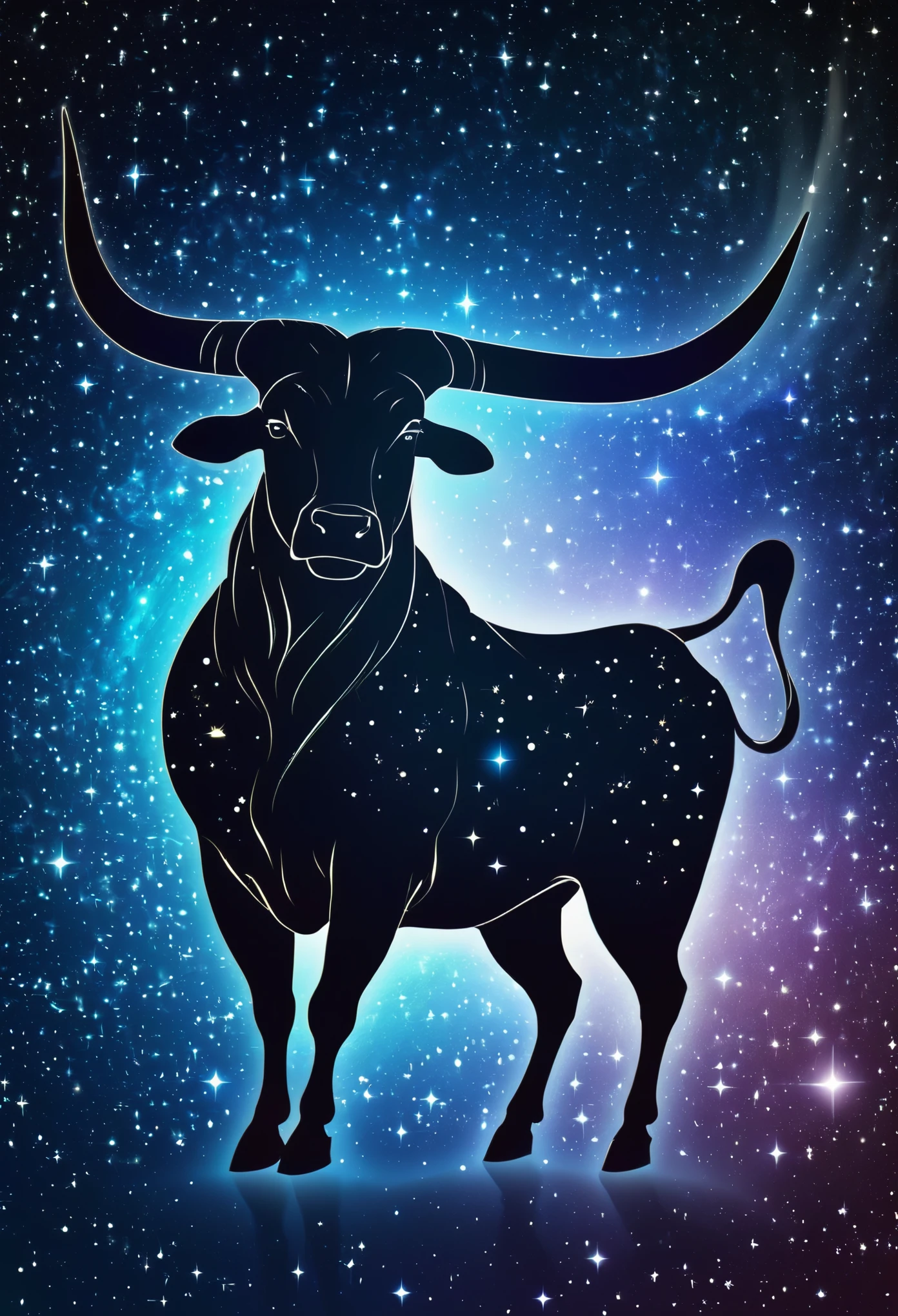 a stylized taurus silhouette formed by stars. Cosmic background