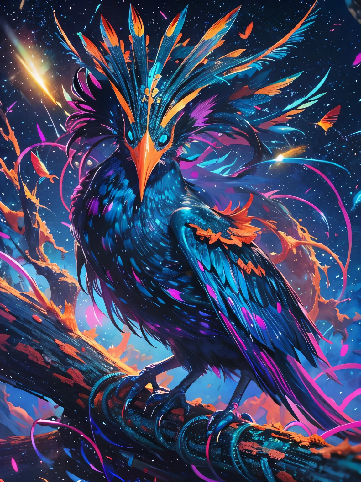 (high-res, vivid colors), blue bird alien, detailed feathers, sparkling eyes, alien landscape, vibrant colors, surreal atmosphere, glowing lights, otherworldly features, intricate patterns, dreamlike scenery