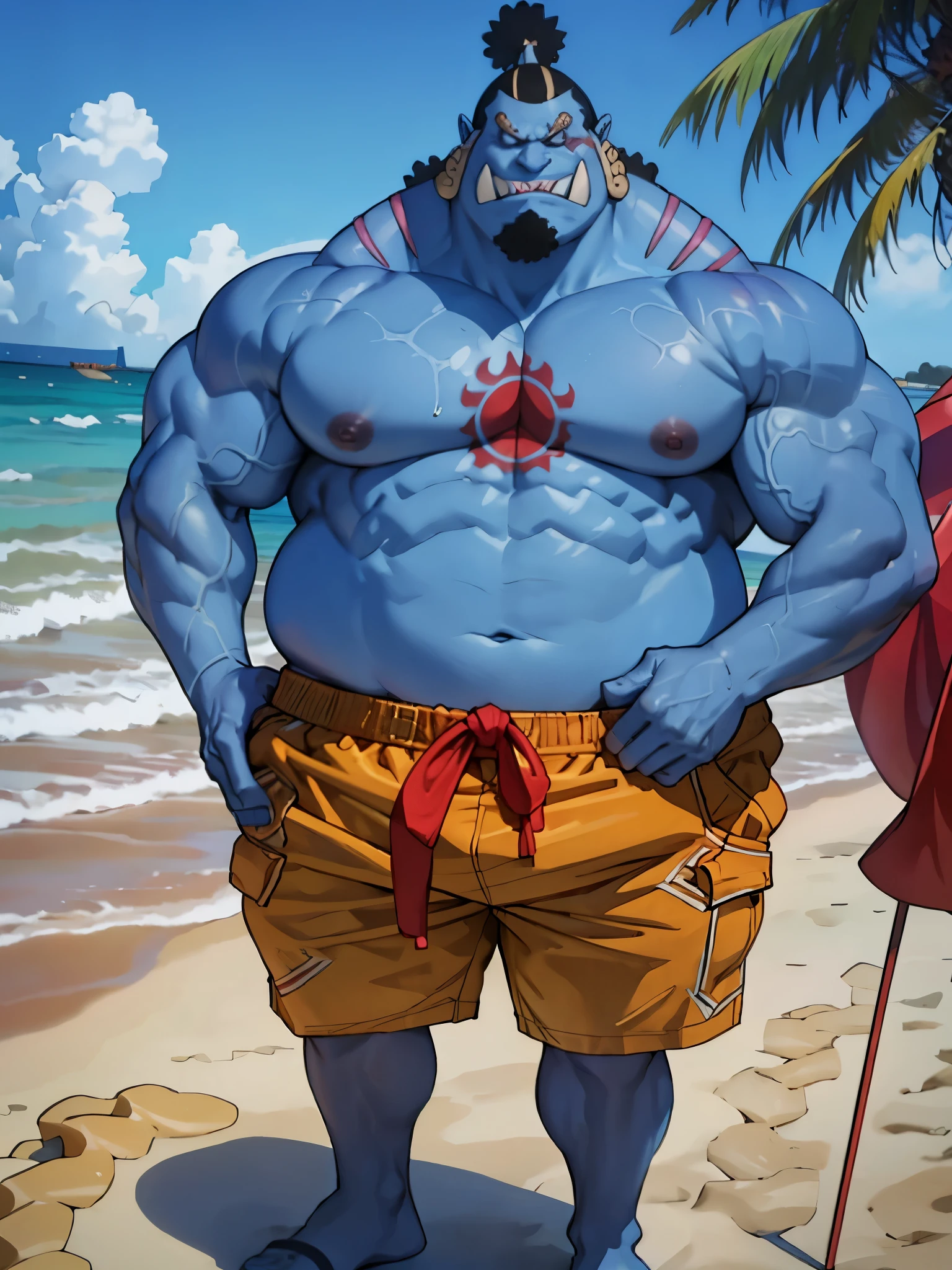 chubby man (jinbei) standing in beach, blue skin, muscular, chest tattoo, beach, palm, realistic, 8k, masterpice, (shirtless, nude, topless. wearing shorts)