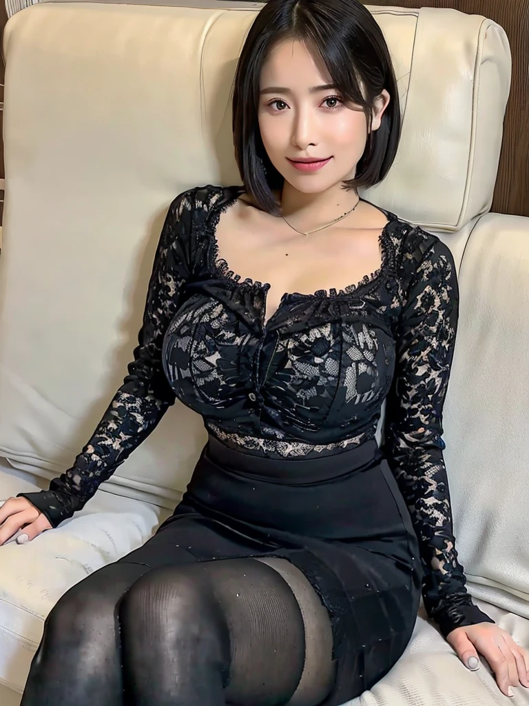 Best Quality, (A MILF:1.3), Sit on the bed, Put your hands on your head, short-hair, (huge-breasted:1.4), (tight lace blouse:1.0), (pencil skirts:1.0), Smile, (Black tights:1.0)