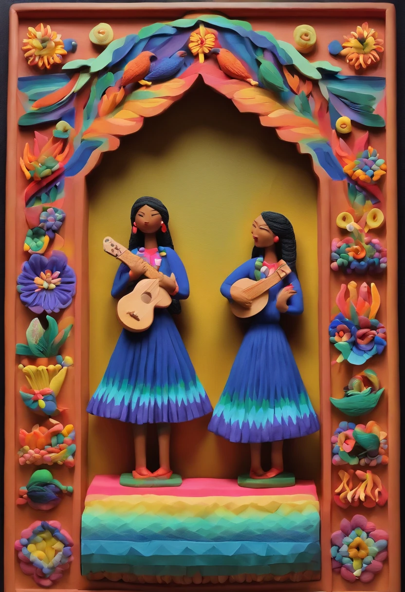 ((Retablo peruano)), ((Dos mujeres tocan charango)), ((visten ropa tradicional andina)), (llevan trenzas largas), (accompanied by flames and birds)