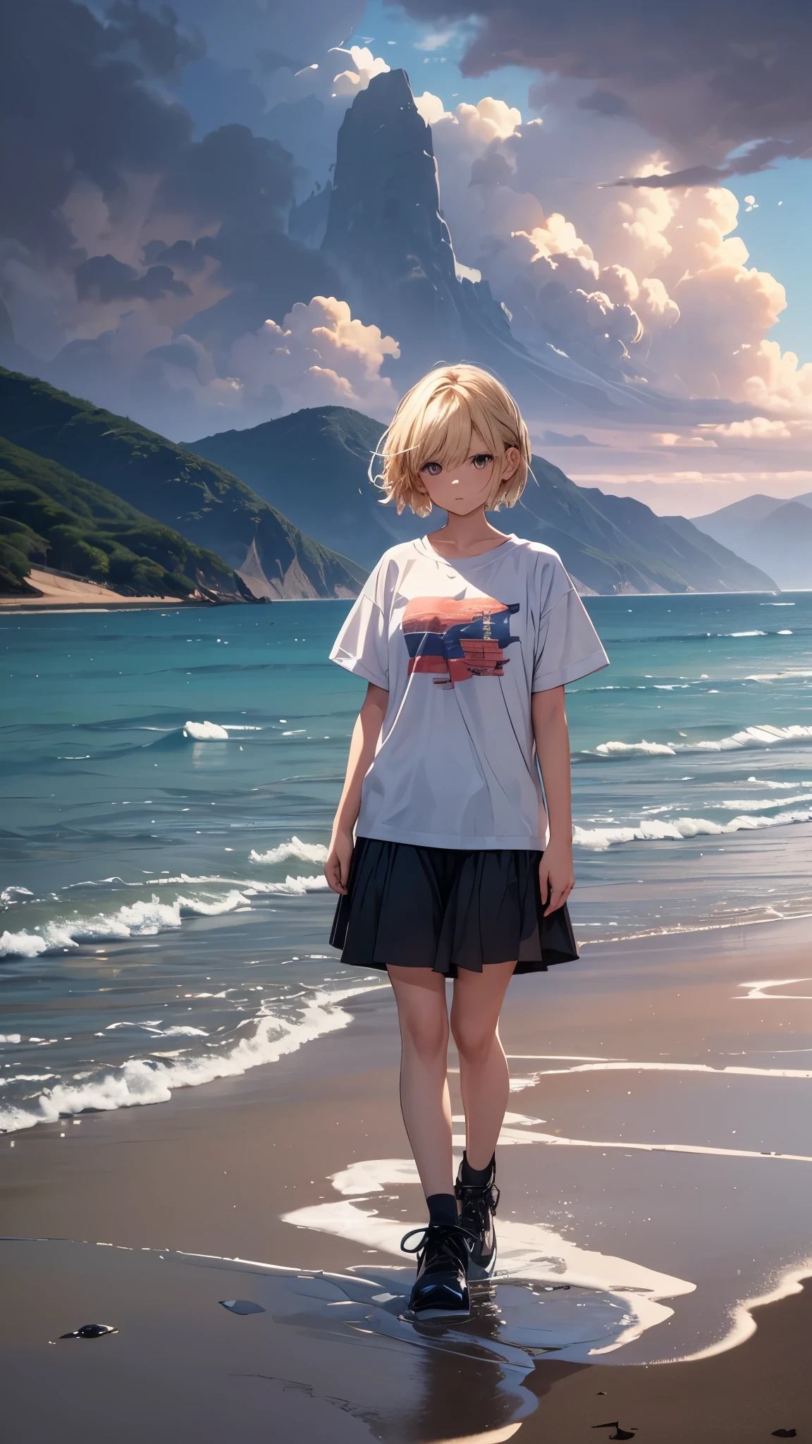 A girl standing alone on a small island in the sea、A girl in her 20s with short blonde hair