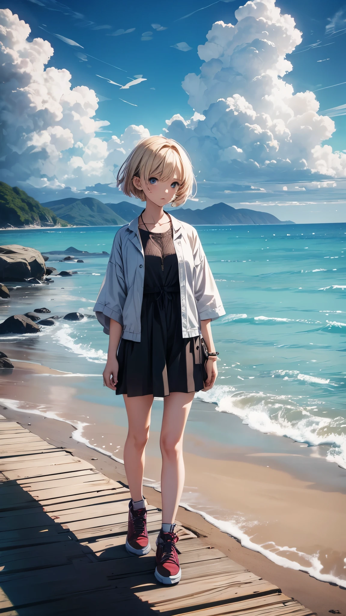A girl standing alone on a small island in the sea、A girl in her 20s with short blonde hair