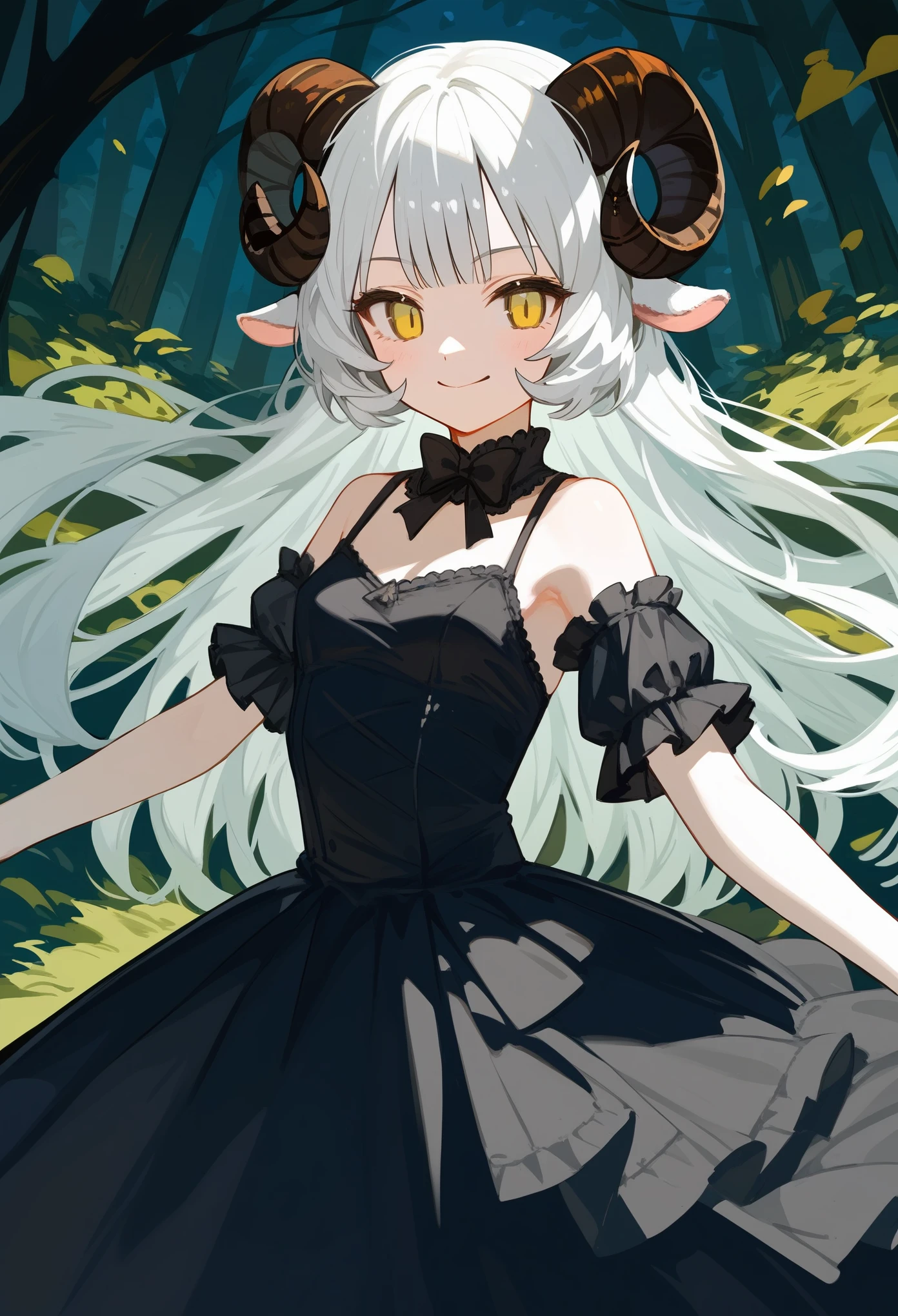 (score_9, score_8_up, score_7_up), 1girl, solo, (sheep horns, curled horns, black horns:1.2), (black sheep ears), white hair, long hair, hime cut, long bangs, pale skin, yellow eyes, smirk, neutral, small breasts, standing, lolita fashion, (black dress, old fashioned), (forest background, night), spread arms, upper body, masterpiece, best quality