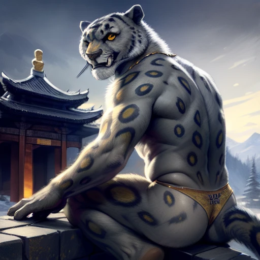 (by taran fiddler), (by darkgem:0.8), (by chunie:1), masterpiece, grey fur, nipples, navel, portrait, seductive, looking at viewer, smile, grin, teeth, (tailung:1.2), snow leopard, (gold eyes), detailed eyes, male, solo, anthro, crouched on roof, (looking back), roof tiles (detailed temple background), Chinese temple, (night), (Purple thong)