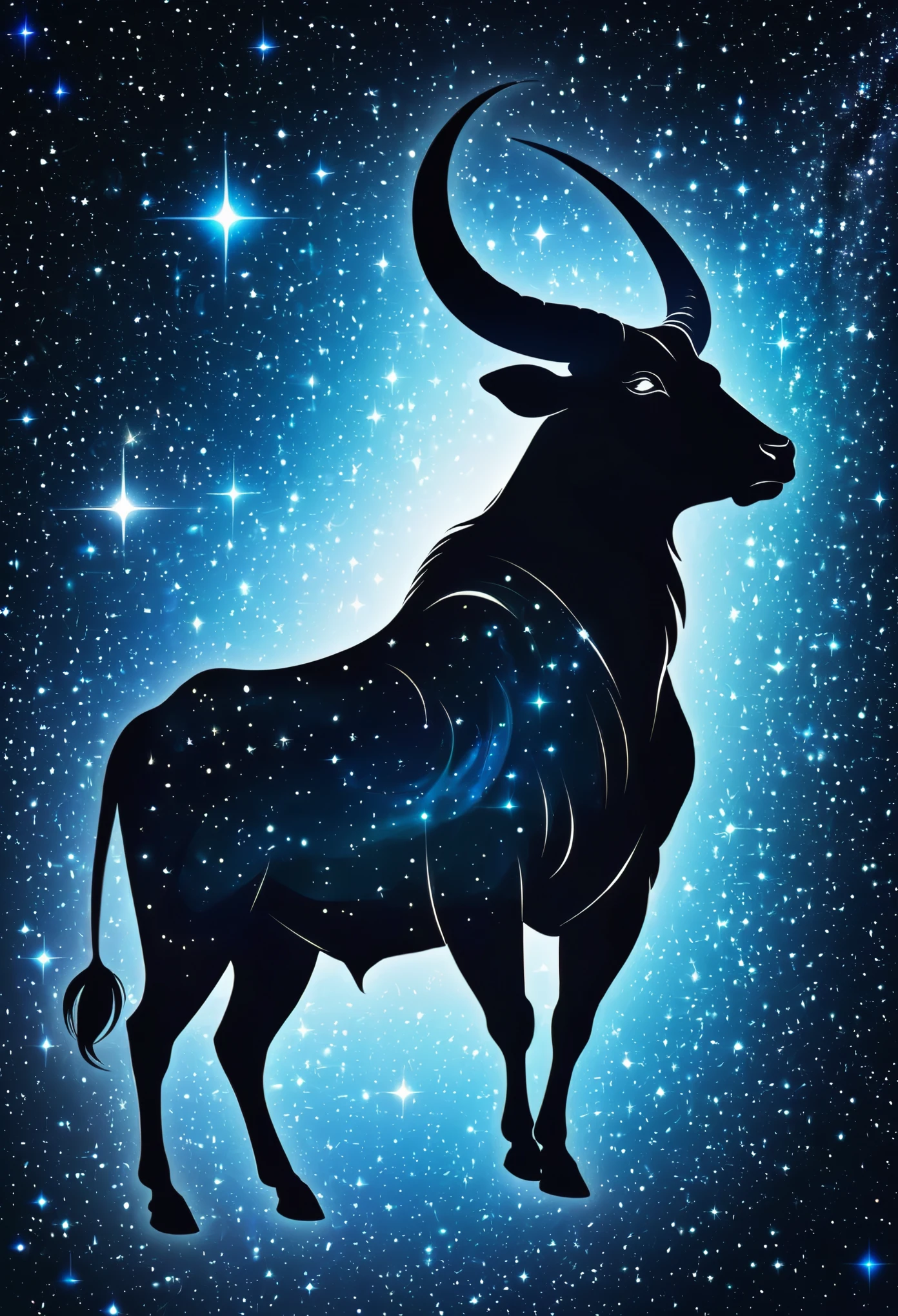 a stylized taurus silhouette formed by stars. Cosmic background