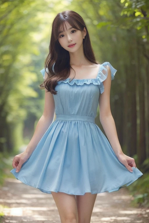 リアルな写真image quality、8kimage quality、Contrast is a little high、A woman in a blue dress walking along a forest path, Dressed in a nice dress20Old Japanese woman, adorable and cute, Pastel Blue, Tube top dress, Beautiful cute, Ruffled Costume、Attractive Japanese woman、A soft and gentle look、Slightly large chest、Brunette medium-long hair、morning clear々new light、Professional Lighting、(looking at the camera: 1.8)