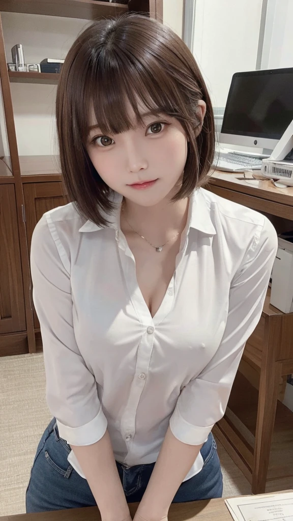 Tabletop, highest quality, Very detailed, finely, High resolution, 8K Wallpaper, Perfect dynamic composition, beauty、、Tap on the shoulder、Beautiful and detailed,Small face、Pure girl、thin、Thin body、thin、White business shirt、Natural color lip,office, Get to your desk、A lot of paperwork on the desk,、Operate a computer and do work、Hit the keyboard、My eyes are on the desktop、 brown hair、Short Bob、bangs、Beautiful breasts,thin体型、 Stern expression、