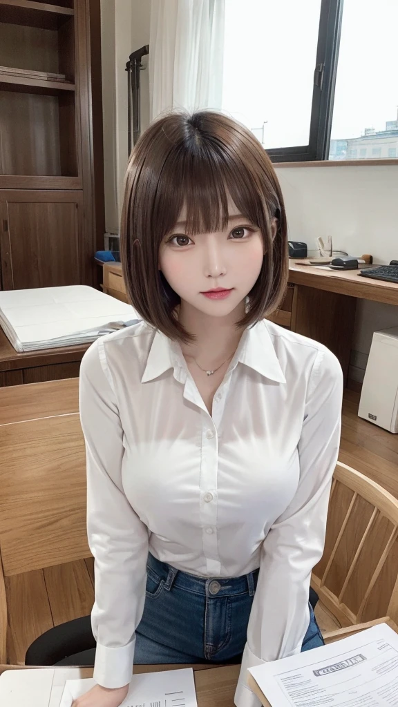 Tabletop, highest quality, Very detailed, finely, High resolution, 8K Wallpaper, Perfect dynamic composition, beauty、、Tap on the shoulder、Beautiful and detailed,Small face、Pure girl、thin、Thin body、thin、White business shirt、Natural color lip,office, Get to your desk、A lot of paperwork on the desk,、Operate a computer and do work、Hit the keyboard、My eyes are on the desktop、 brown hair、Short Bob、bangs、Beautiful breasts,thin体型、 Stern expression、