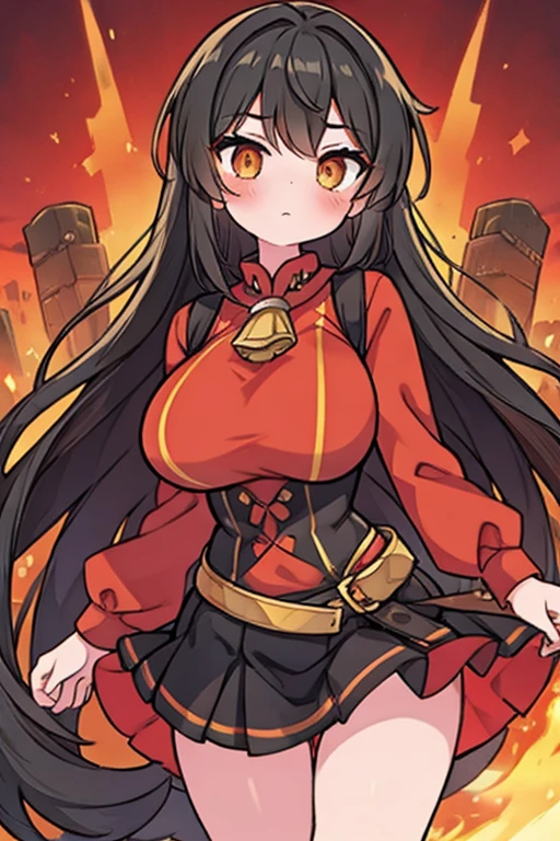 1girl, cute girl, solo, blush, (Charcoal Brunette hair), ((slightly messy hair)), (very long hair), Beautiful Amber eyes, ((excessively Enormous Breasts)), curvy, a (Red shirt with a flame pattern at the edges), Black hood, Black Skirt, and has one hand open with a little flame on it, with a focused facial expression. ((detail face)), 8k, super detail, masterpiece, high quality, high resolution, high detail, high face detail, HD quality, very cute, bright, very wide hips, she is learning to be a “Pyromancer” or “Fire Mage”,
