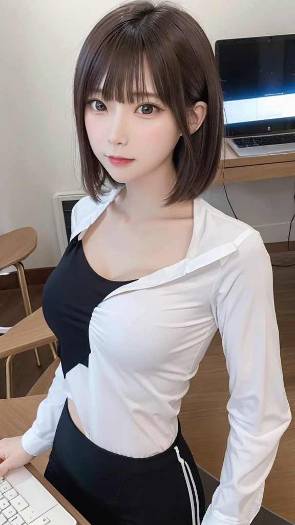 Tabletop, highest quality, Very detailed, finely, High resolution, 8K Wallpaper, Perfect dynamic composition, beauty、、Tap on the shoulder、Beautiful and detailed,Small face、Pure girl、thin、Thin body、thin、White business shirt、Natural color lip,office, Get to your desk、A lot of paperwork on the desk,、Operate a computer and do work、Hit the keyboard、My eyes are on the desktop、 brown hair、Short Bob、bangs、Beautiful breasts,thin体型、 Stern expression、