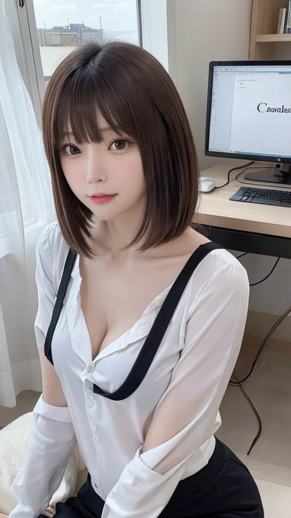 Tabletop, highest quality, Very detailed, finely, High resolution, 8K Wallpaper, Perfect dynamic composition, beauty、、Tap on the shoulder、Beautiful and detailed,Small face、Pure girl、thin、Thin body、thin、White business shirt、Natural color lip,office, Get to your desk、A lot of paperwork on the desk,、Operate a computer and do work、Hit the keyboard、My eyes are on the desktop、 brown hair、Short Bob、bangs、Beautiful breasts,thin体型、 Stern expression、