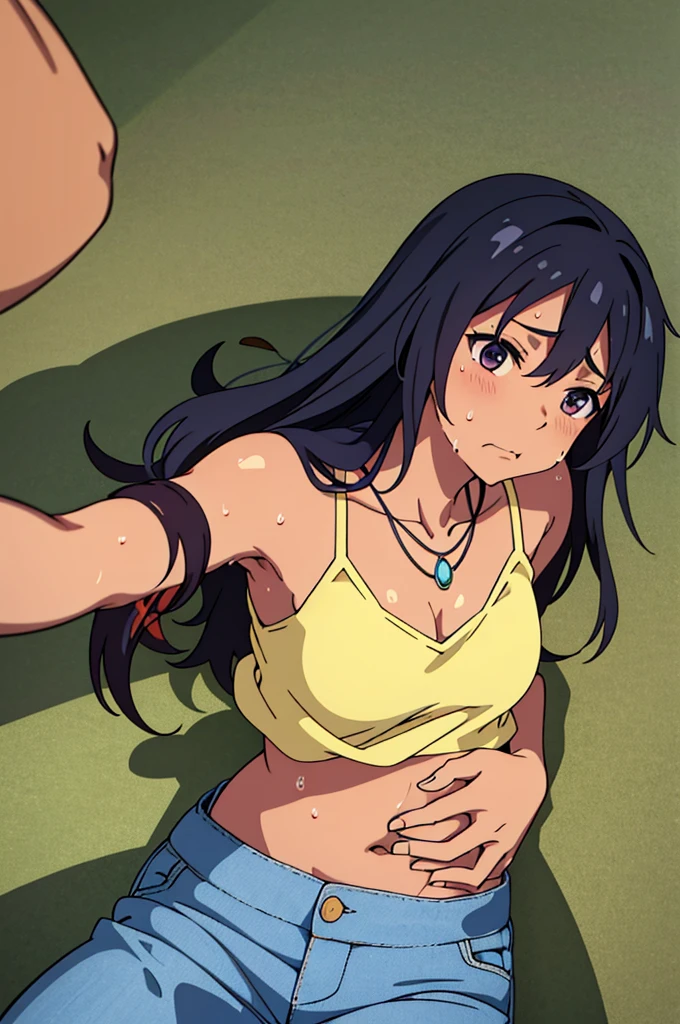 tan skinned anime woman wearing a cami top and jeans, famished in hunger, (necklace), (gently resting hands on stomach), (sweating), (lying down), (long hair), (hands on stomach)