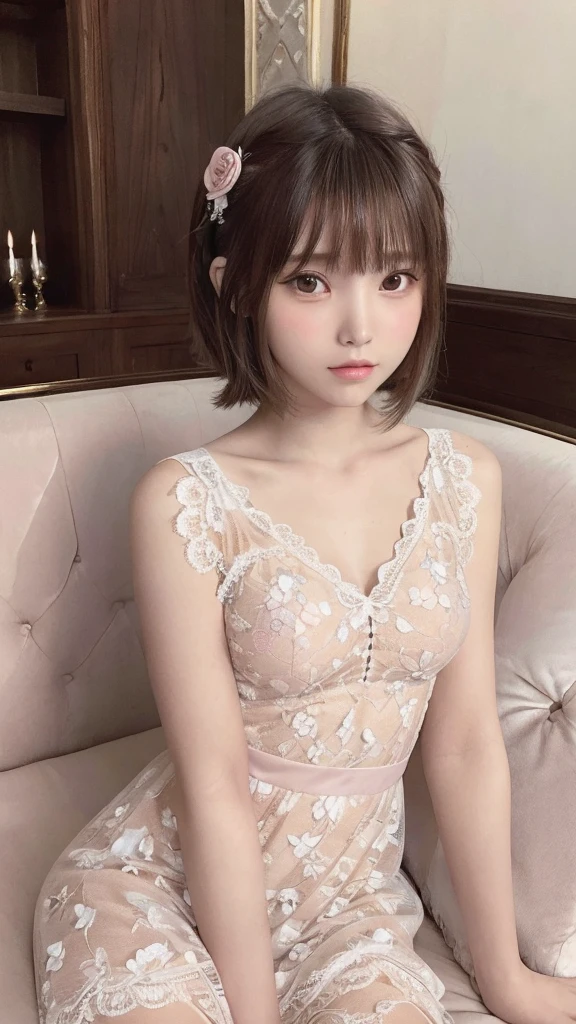 One Girl, (Beautiful girls, Delicate girl:1.3), (:1.3), break, (Floral Lace Dress:1.3), break, Very fine grain, (Symmetrical eyes:1.3), break, (Lie on the sofa:1.3), (Drunk, blush:1.2), perfectly trimmed fingers, break, Small breasts, Brown eyes, Parted bangs, brown hair, (Upper teeth, The best smile:0.6), break, (Eye and facial details:1.0), break, (masterpiece, highest quality, Ultra-detailed, Detailed face, 8K)