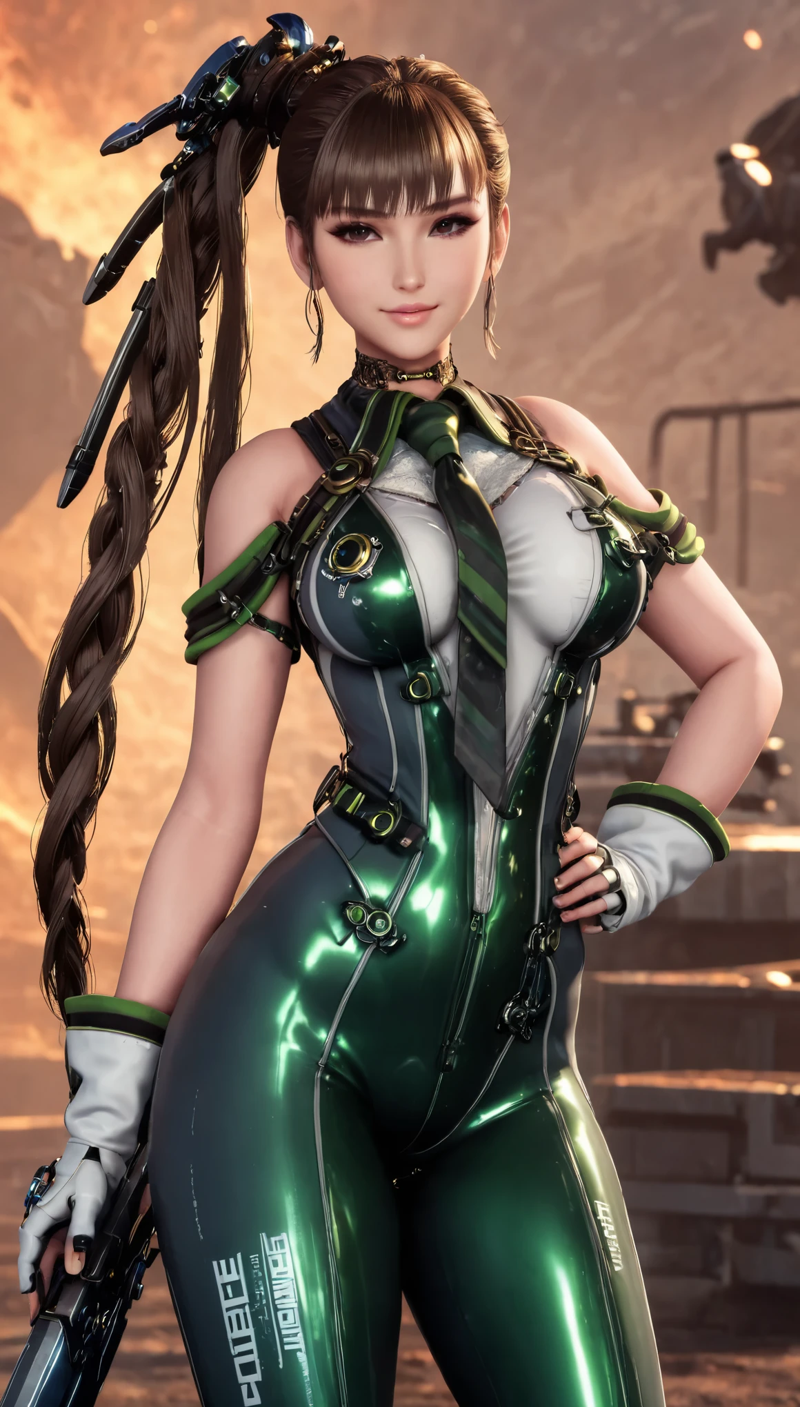 Eve, Stellar Blade, big breast, thicc thighs, 1girl,solo,heavy makeup,cute,earrings,ring braid,(lewd smile:1.1),holding long mechanical Sword,ponytail,idol,hooker,military uniform,(battleground:1.1),