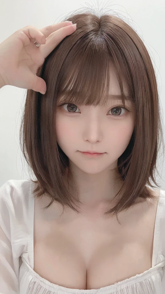 highest quality, Realistic, 8K, High resolution, Full Color, 1 Girl, woman, 20 years old woman, (Closed Mouth:1.73), On a pure white background,With white skin,translucent, View the viewer:1.8, (1 Girlの目は視聴者を見ています:1.55), (Medium Hair, Brown hair, Parted hair:1.45),