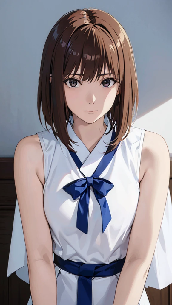 highest quality, Realistic, 8K, High resolution, Full Color, 1 Girl, woman, 20 years old woman, (Closed Mouth:1.73), On a pure white background，With white skin，translucent， View the viewer:1.8, (1 Girlの目は視聴者を見ています:1.55), (Medium Hair, Brown hair, Parted hair:1.45),