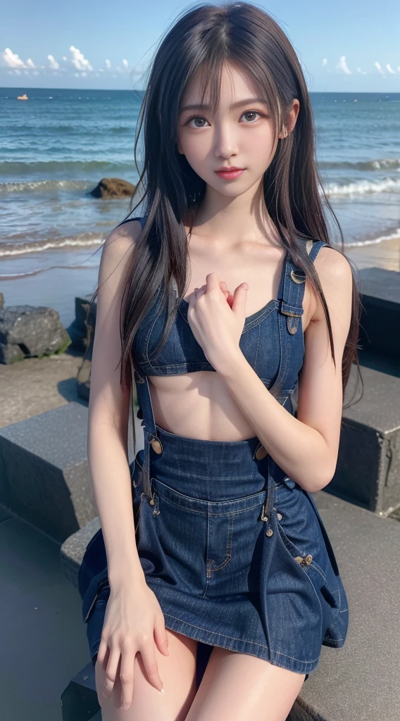 UHD, retina, masterpiece, ccurate, anatomically correct, textured skin, super detail, high details, high quality, award winning, best quality, highres, 1080P, HD, 4K, 8k, 16k、blue sea、Wide sky、Deep sandy beach、Cute Girls、(Denim overalls for the upper body only:1.2)、Sunburn mark、Lay a sheet on the beach、Resting on the seat、Pussy Line:1.2、Fingertips to the crotch:1.2,((((Very small and flat chest))))、Beautiful pussy lines:1.2、(The lower half of the body is completely naked and the pussy is beautiful:1.2),(A beautiful girl with double eyelids:1.5),(Skirt Lift:1.5),(きれいなPussy Line:1.4),