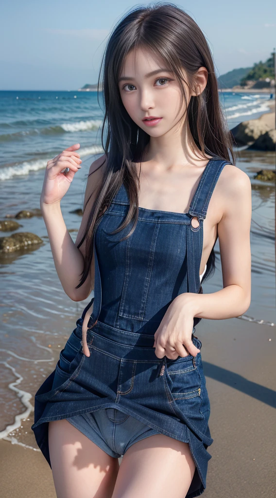 UHD, retina, masterpiece, ccurate, anatomically correct, textured skin, super detail, high details, high quality, award winning, best quality, highres, 1080P, HD, 4K, 8k, 16k、blue sea、Wide sky、Deep sandy beach、Cute Girls、(Denim overalls for the upper body only:1.2)、Sunburn mark、Lay a sheet on the beach、Resting on the seat、Pussy Line:1.2、Fingertips to the crotch:1.2,((((Very small and flat chest))))、Beautiful pussy lines:1.2、(The lower half of the body is completely naked and the pussy is beautiful:1.2),(A beautiful girl with double eyelids:1.5),(Skirt Lift:1.5),(きれいなPussy Line:1.4),