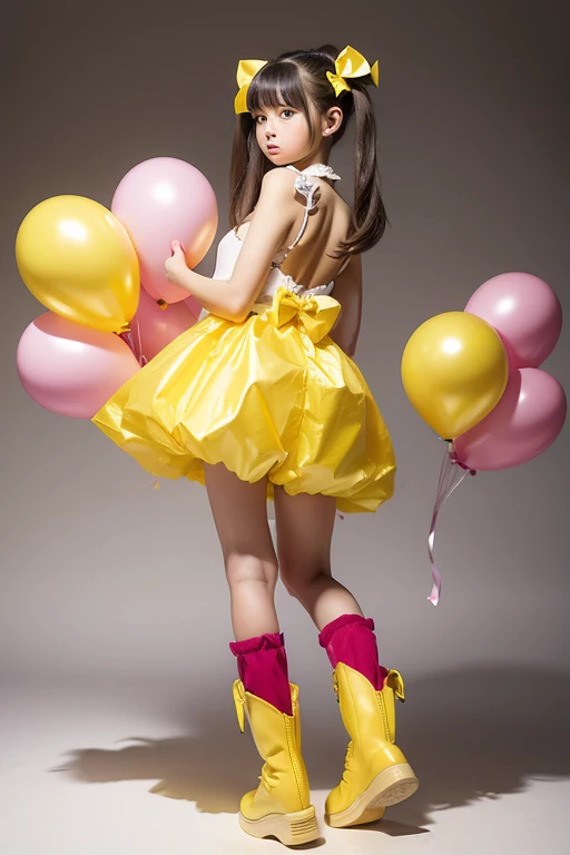 (holding ballons), (((full body))), real photo, 11 years old girl, Brat female , (((drawers))), ((looking back at me)), twin tails, big ribbon, yellow boots,