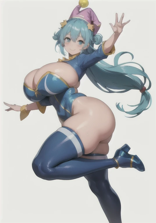 aqua \(konosuba\), mksks style, (very detailed background:1.0), (highly detailed background:1.0), {Masterpiece}, High Quality, 1girl, blue eyes, blue footwear, blue hair, blush, breasts, bubble, , hair ornament, hair rings, leg up, long hair, looking at viewer, huge ass, huge breasts, huge thighs, narrow waist, wide hips, thick thighs, curvy, open hand, single hair ring, s, smile, solo, standing, standing on one leg, leavage, face paint, clown outfit, colorful outfit, skintight outfit, jester hat, pointy shoes, very long hair, water, white thighhighs, kono subarashii sekai ni shukufuku wo!,
